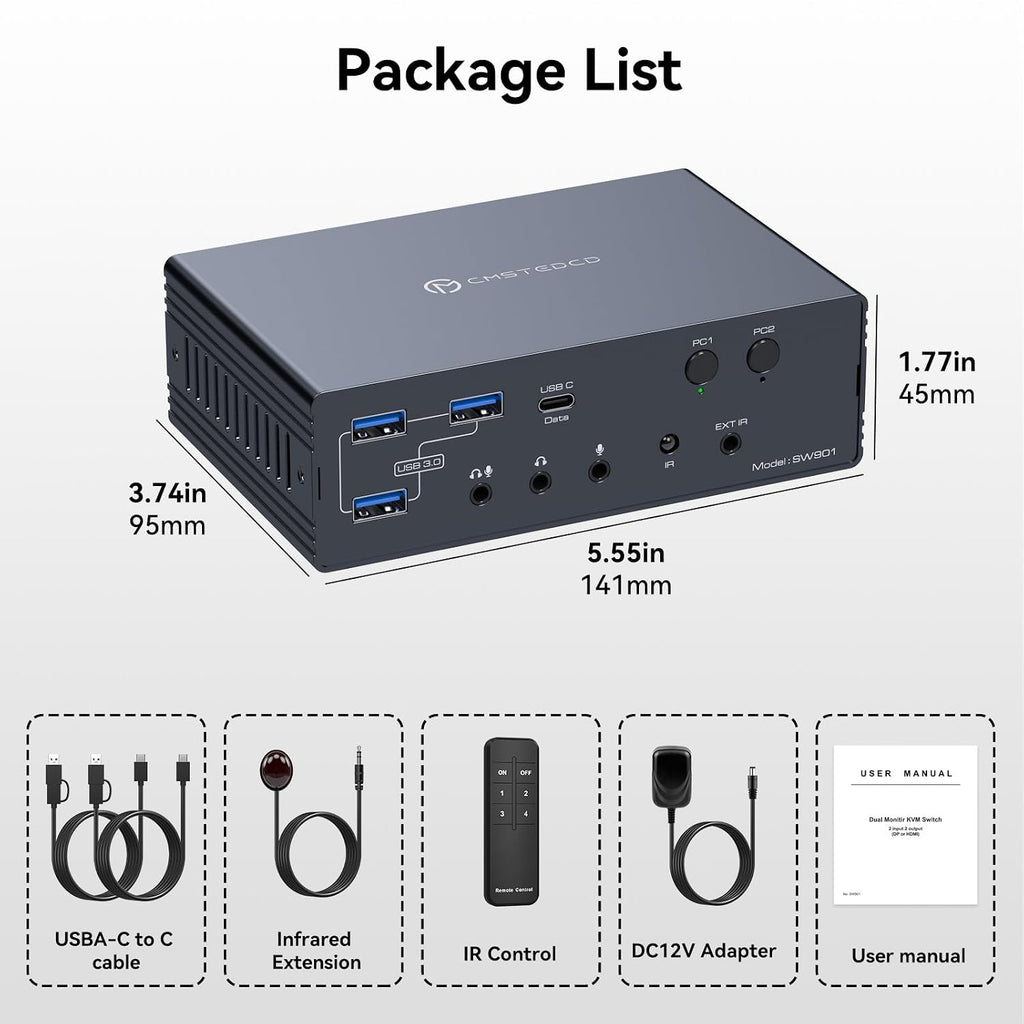 KVM Switch 2 Monitors 2 Computers Docking Station 16-in-2 4K60Hz for M1/M2/M3/M4 Thunderbolt KVM Switcher Support USB3.0/USB C in DP/HDMI Out Extended/Mirrored Mode for Windows Mac