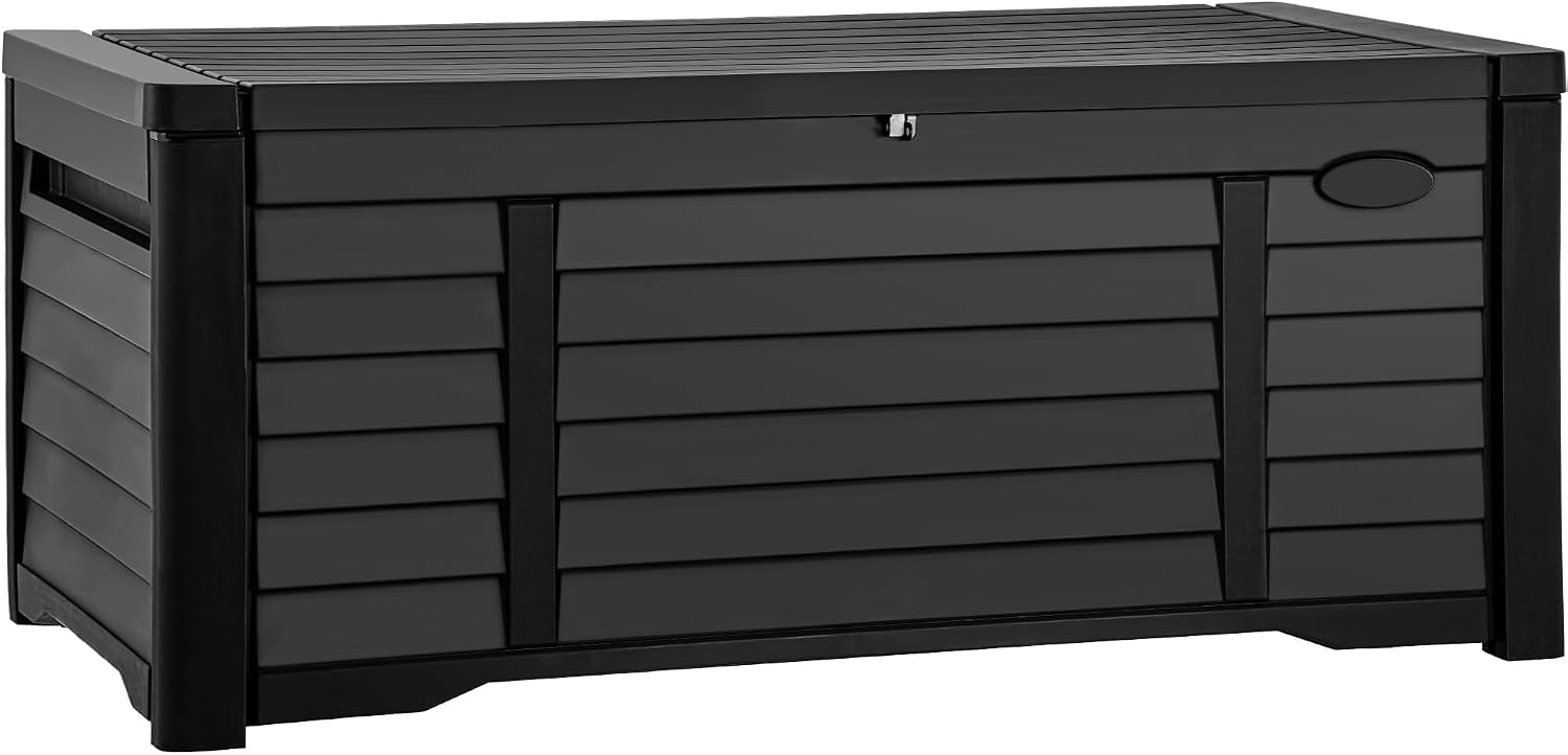 DWVO 150 Gallon Large Deck Box Waterproof Outdoor Storage Box, Extra Large Storage Bin, Resin Louvered Patio Storage for Indoor Pillows, Garden Tools & Pool Supplies, Lockable, Black
