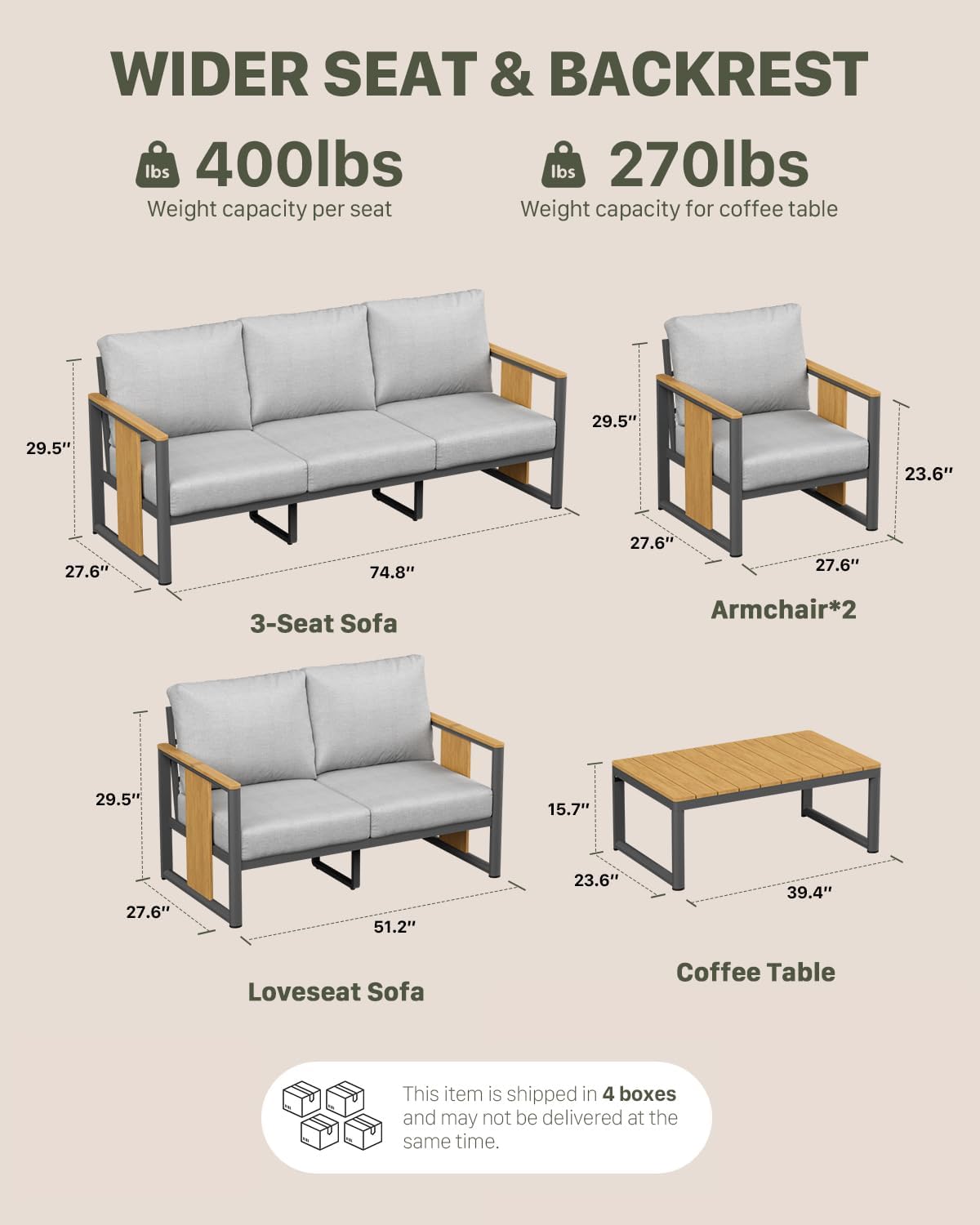 ZANDOR Aluminum Outdoor Patio Furniture Set,5-Piece Sectional Sofa with Coffee Table,Washable Thick Cushions,Modern Patio Conversation Set for Backyard,Garden,Porch,Balcony,Deck,Gray