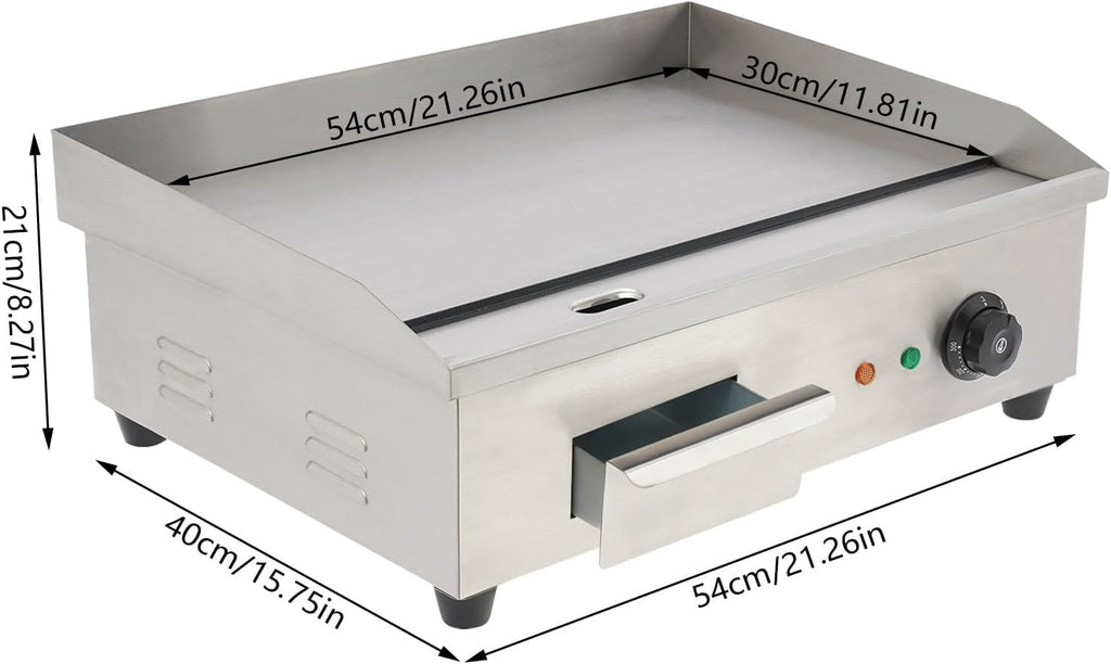 22' 3000W Commercial Countertop Electric Grill Pan, Flat Bottom Grill, Stainless Steel Hot Plate Grill, Adjustable Thermostat Control Restaurant Grill