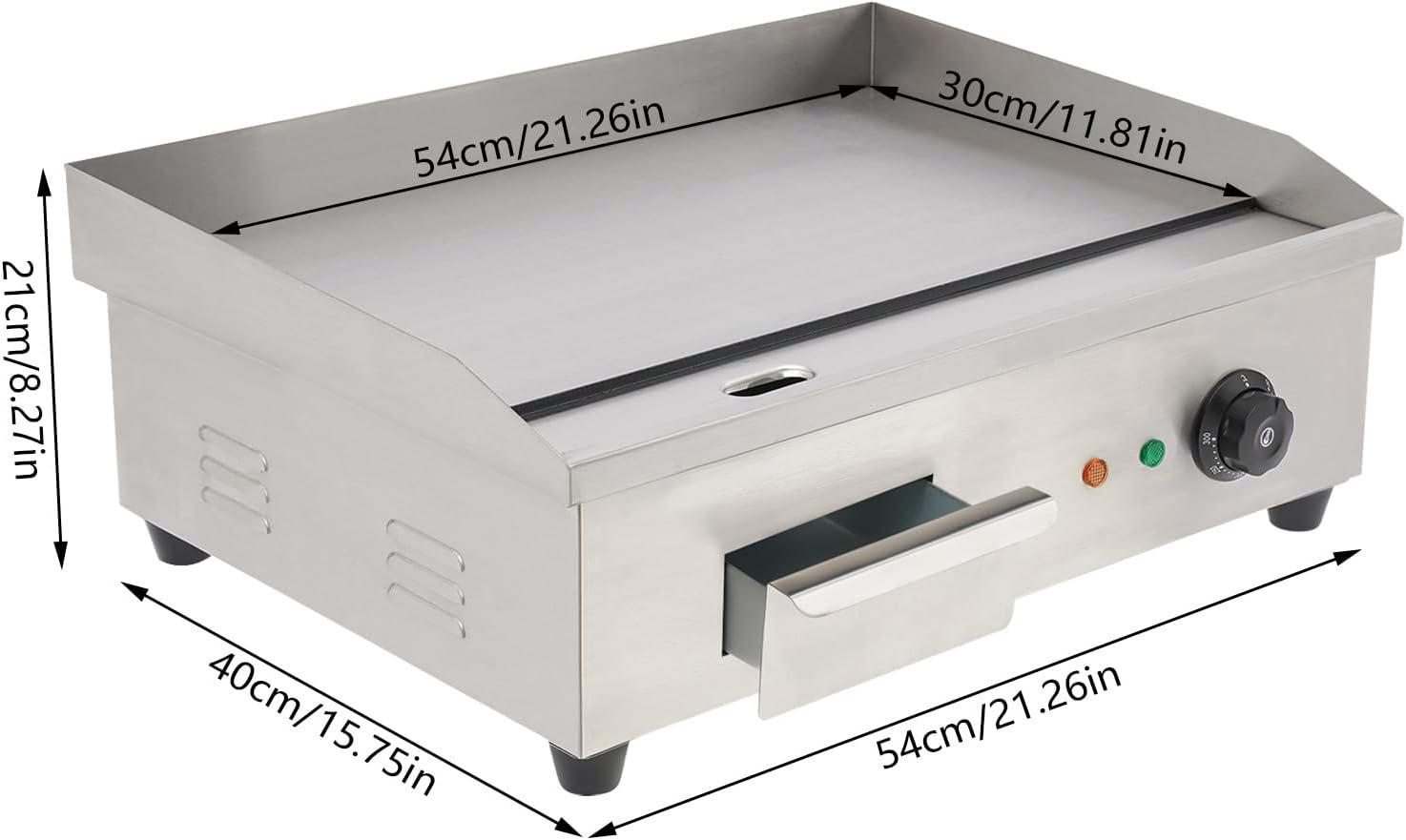 22' 3000W Commercial Countertop Electric Grill Pan, Flat Bottom Grill, Stainless Steel Hot Plate Grill, Adjustable Thermostat Control Restaurant Grill