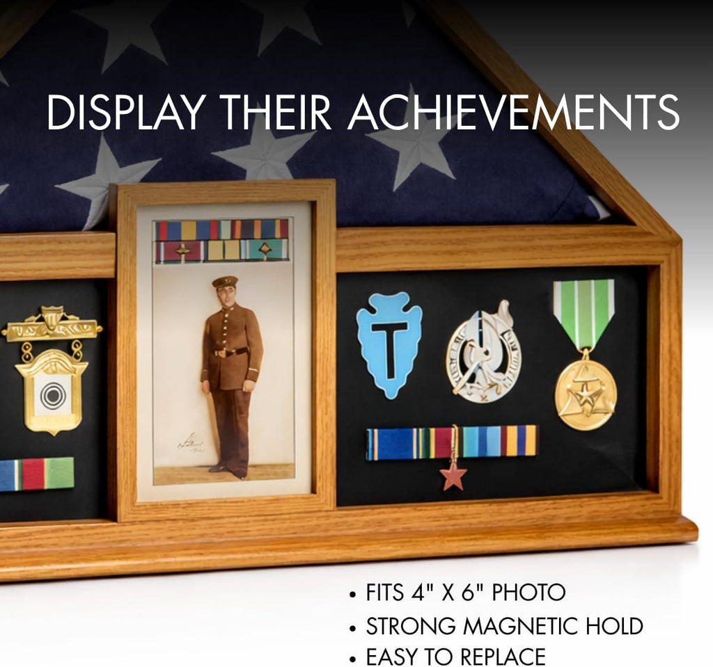 Bey-Berk Custom Personalized American Flag Display Case for 5' x 9.5' Burial Memorial Flag, Military Medal Shadow Box with Glass Front and 4'x 6' Picture Frame (Oak)