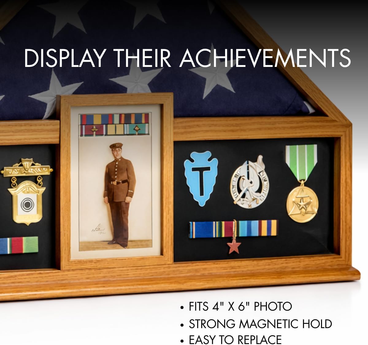 Bey-Berk Custom Personalized American Flag Display Case for 5' x 9.5' Burial Memorial Flag, Military Medal Shadow Box with Glass Front and 4'x 6' Picture Frame (Oak)