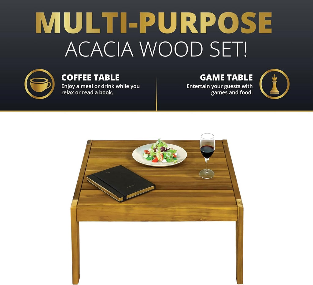 5-Piece Acacia Wood Outdoor Patio Furniture Set, Modern Conversational Chat Set with Water-Resistant Cushions, Space-Saving Sectional Sofa for Small Balcony, Deck, Backyard, Natural Brown