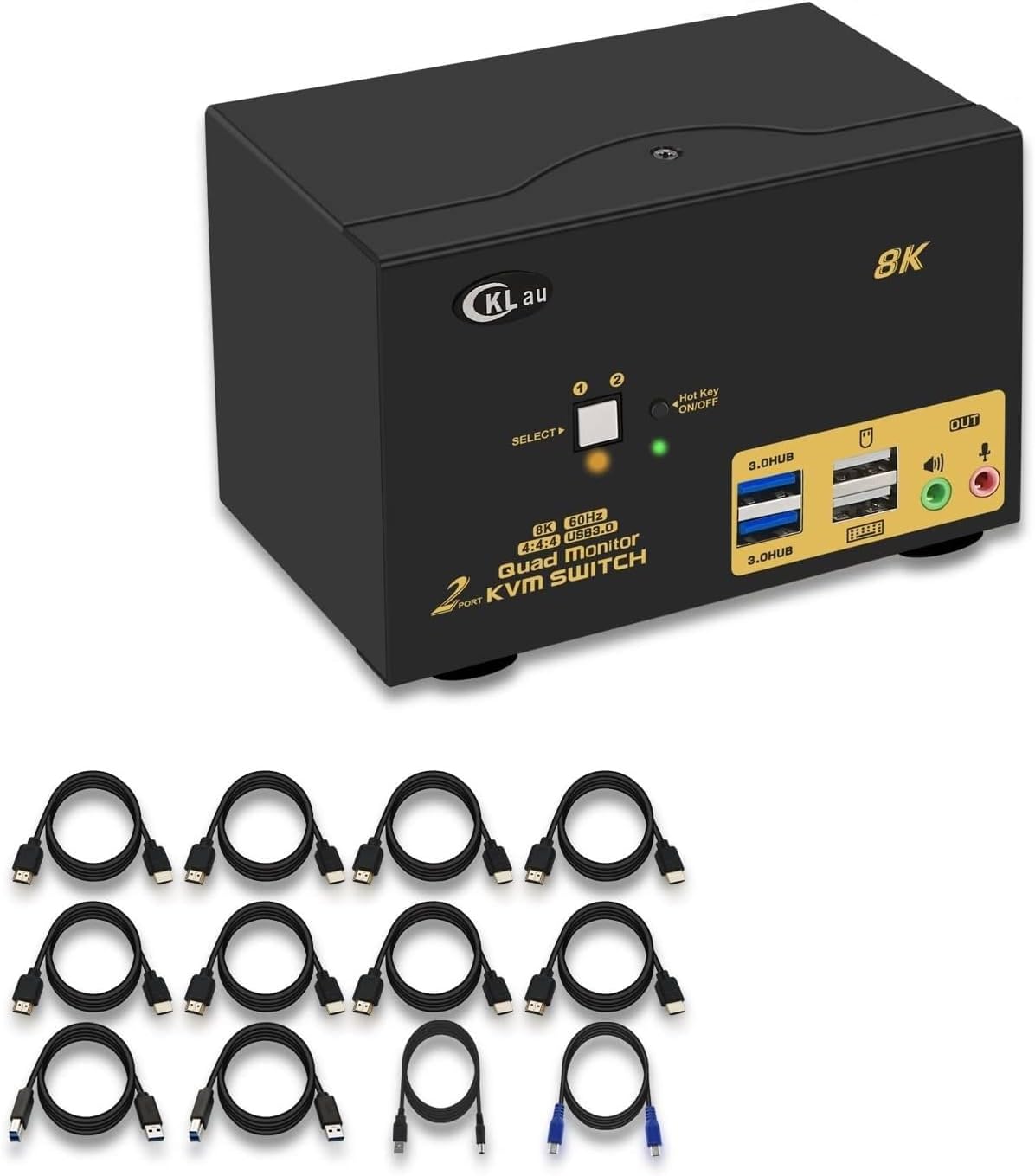 2 Port USB 3.0 Quad Monitor KVM Switch HDMI 2.1 8K@60Hz 4K@144Hz with Audio Output and All Input Cable, 2 PCs 4 Monitors Video Keyboard Mouse Peripheral Sharing Switcher