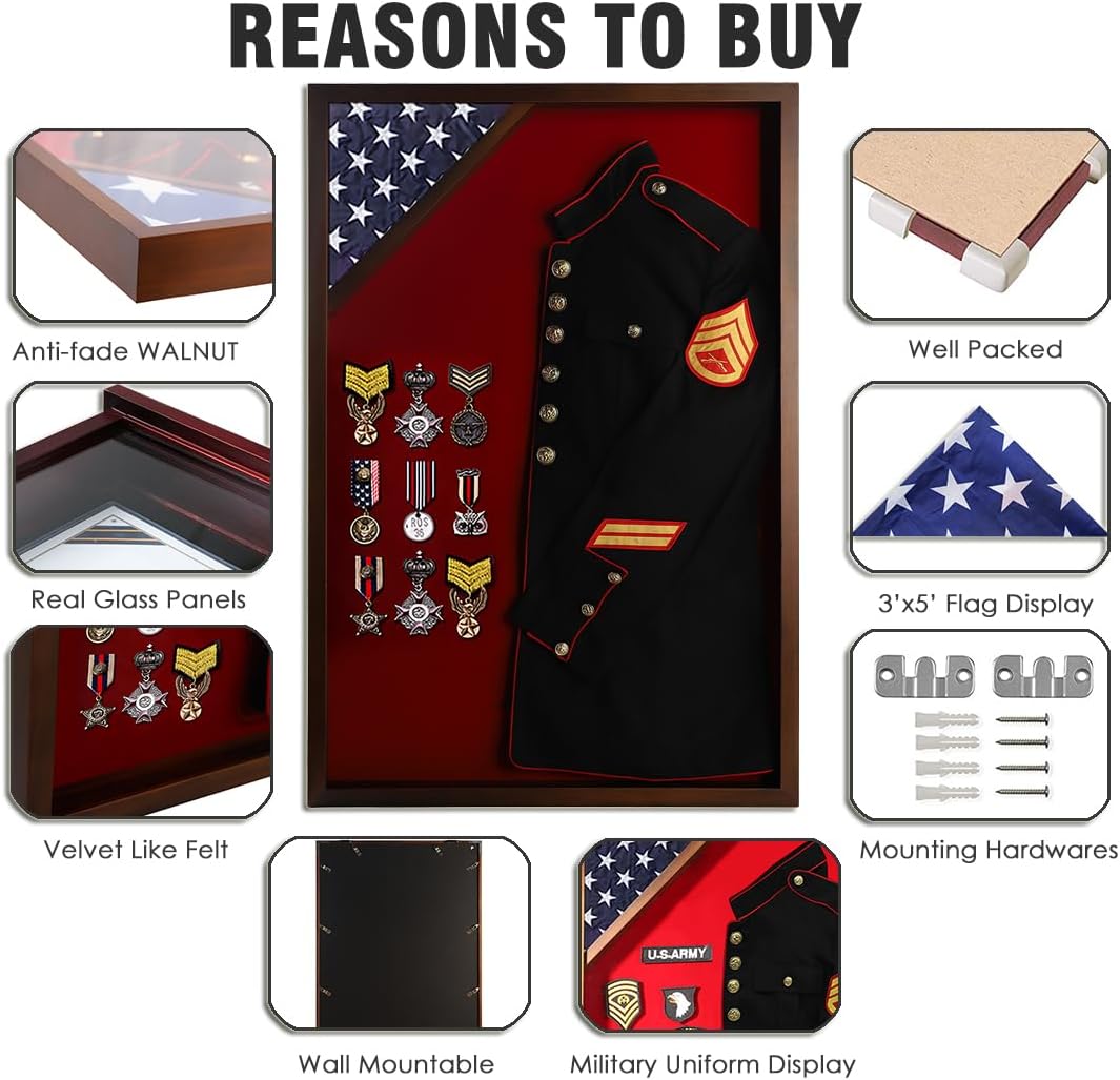 Flag Display Case Military Uniform Shadow Box Fits a Folded 3'x5' Army Navy Air Force Veterans Home Flown Flag with Police Uniform Jacket Display and Felt Lining for Badges and Medals, Walnut Finish