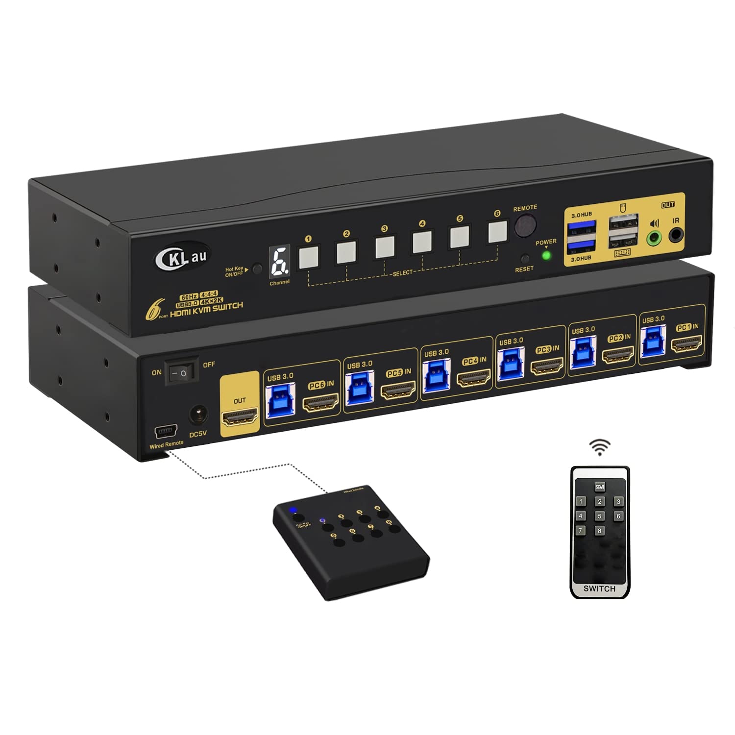 6 Port Rack Mount KVM Switch HDMI 2.0 4K60Hz with Audio, 2 pcs USB 3.0 Peripheral Hub, and Cables for 6 Computers 1 Monitor Supports Hotkey, IR Remote, Wired Remote, Manual Switching