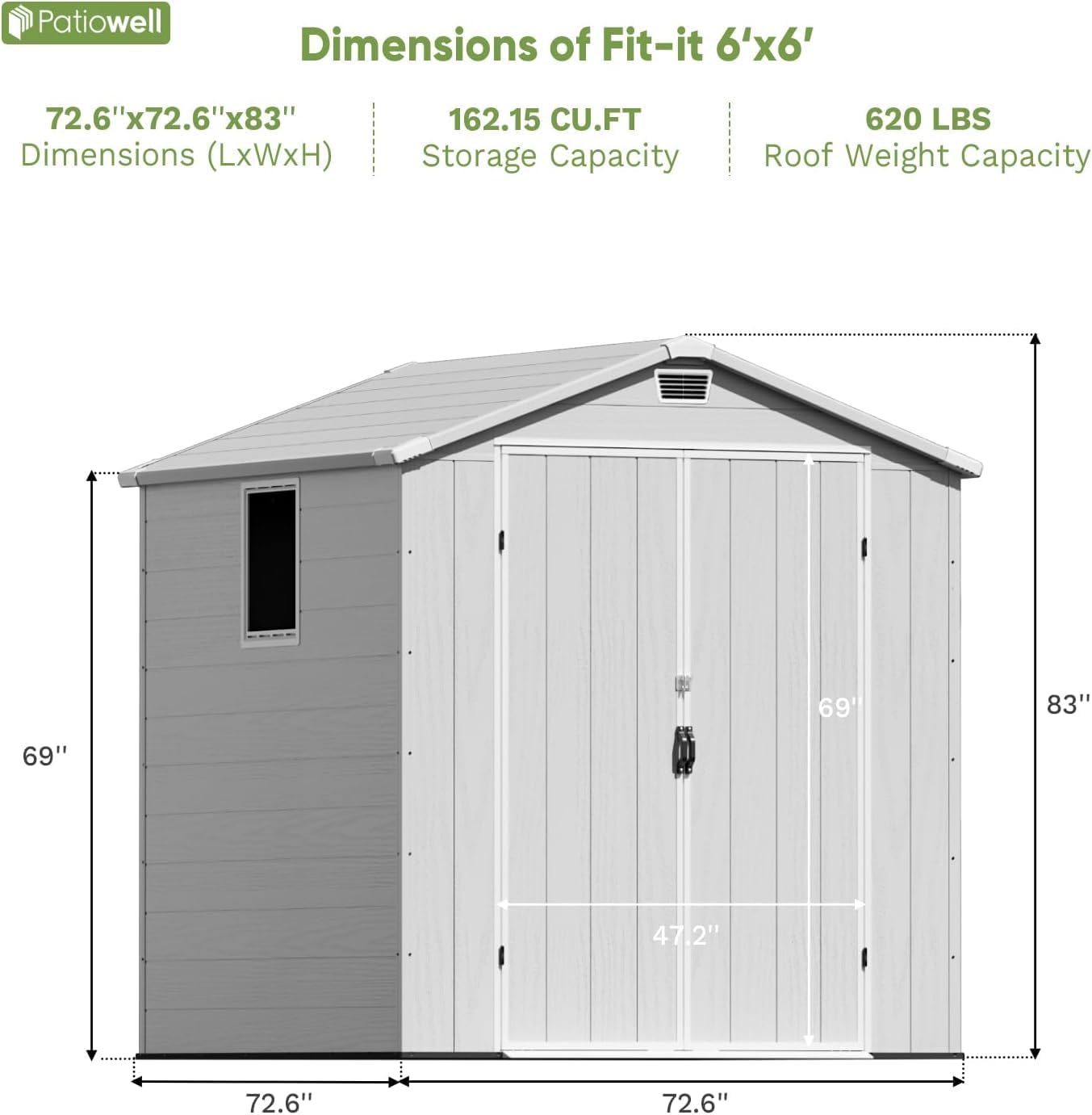 Patiowell 6X6 FT Outdoor Storage Shed with Lockable Door and Floor, Resin Garden Tool Shed with Window, Waterproof Easy Assembly for Backyard, Lawn, Patio Furniture Storage (Light Grey)