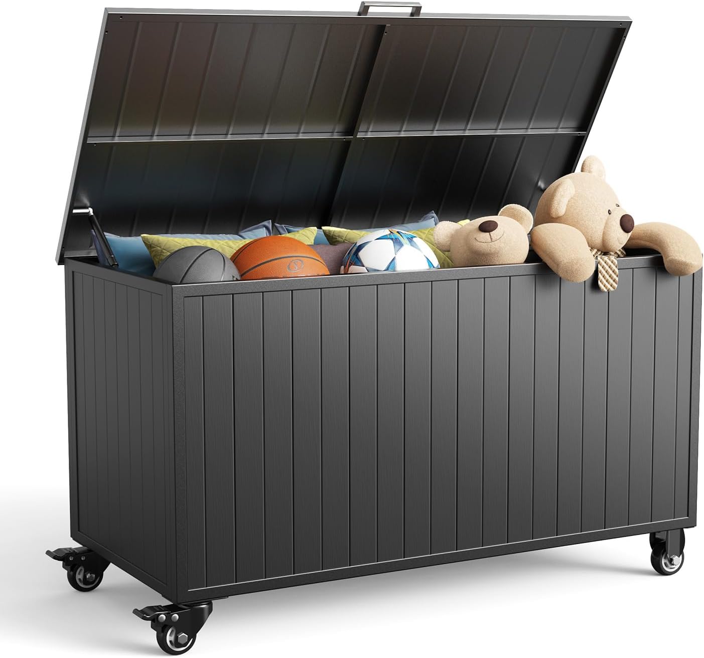 Outdoor Storage Box with Wheels 150 Gallon, Mobile Aluminum Deck Boxes Outdoor Waterproof, UV Resistant Patio Storage Box with Lid for Patio Furniture, Garden Tools, Outdoor Cushion(Blank)
