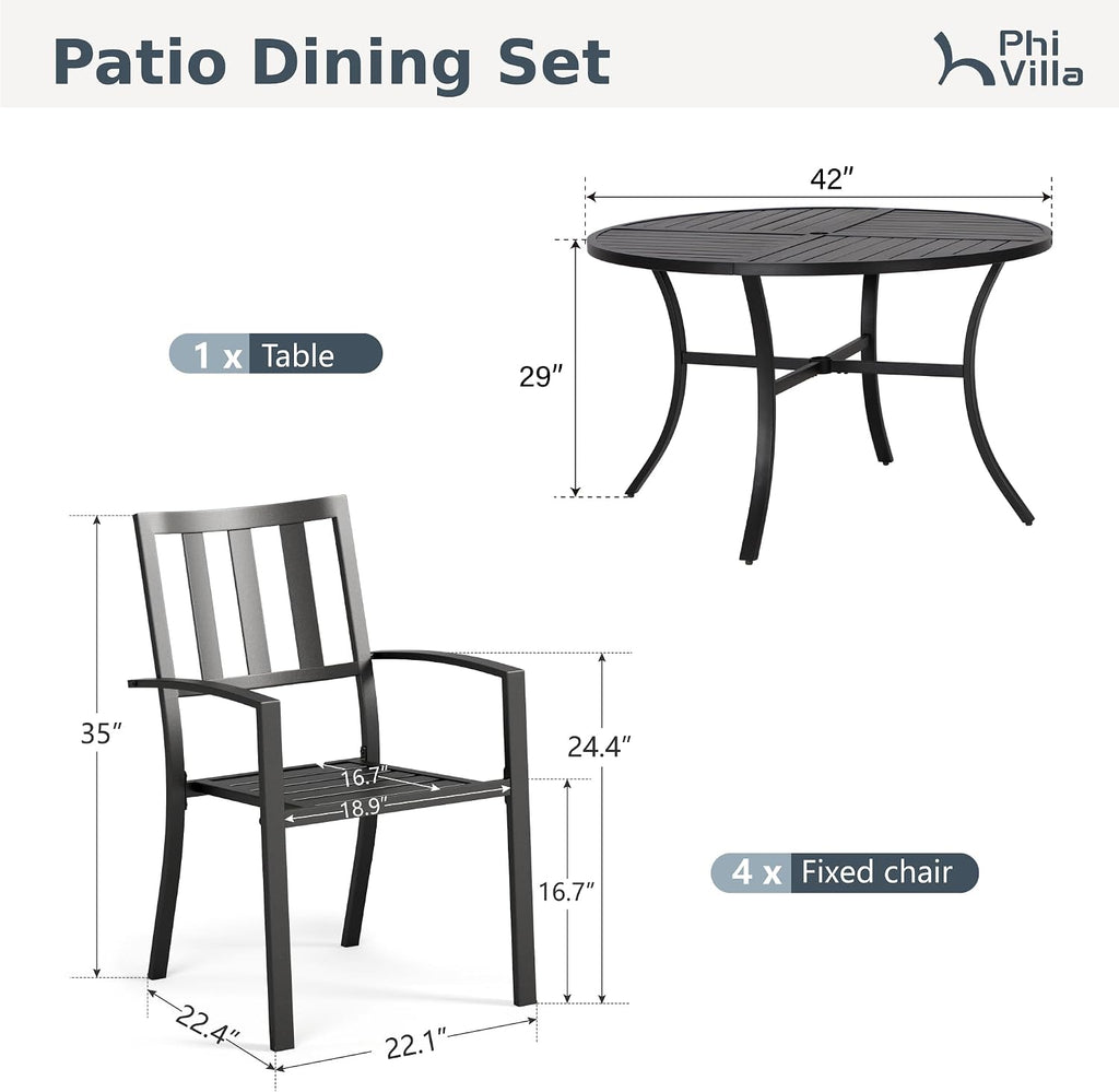 PHI VILLA 5 Piece Outdoor Dining Table Set for 4, 42' Round Steel Dining Table with Umbrella Hole & 4 Black Stacking Metal Chairs for Patio, Deck, Yard, Porch