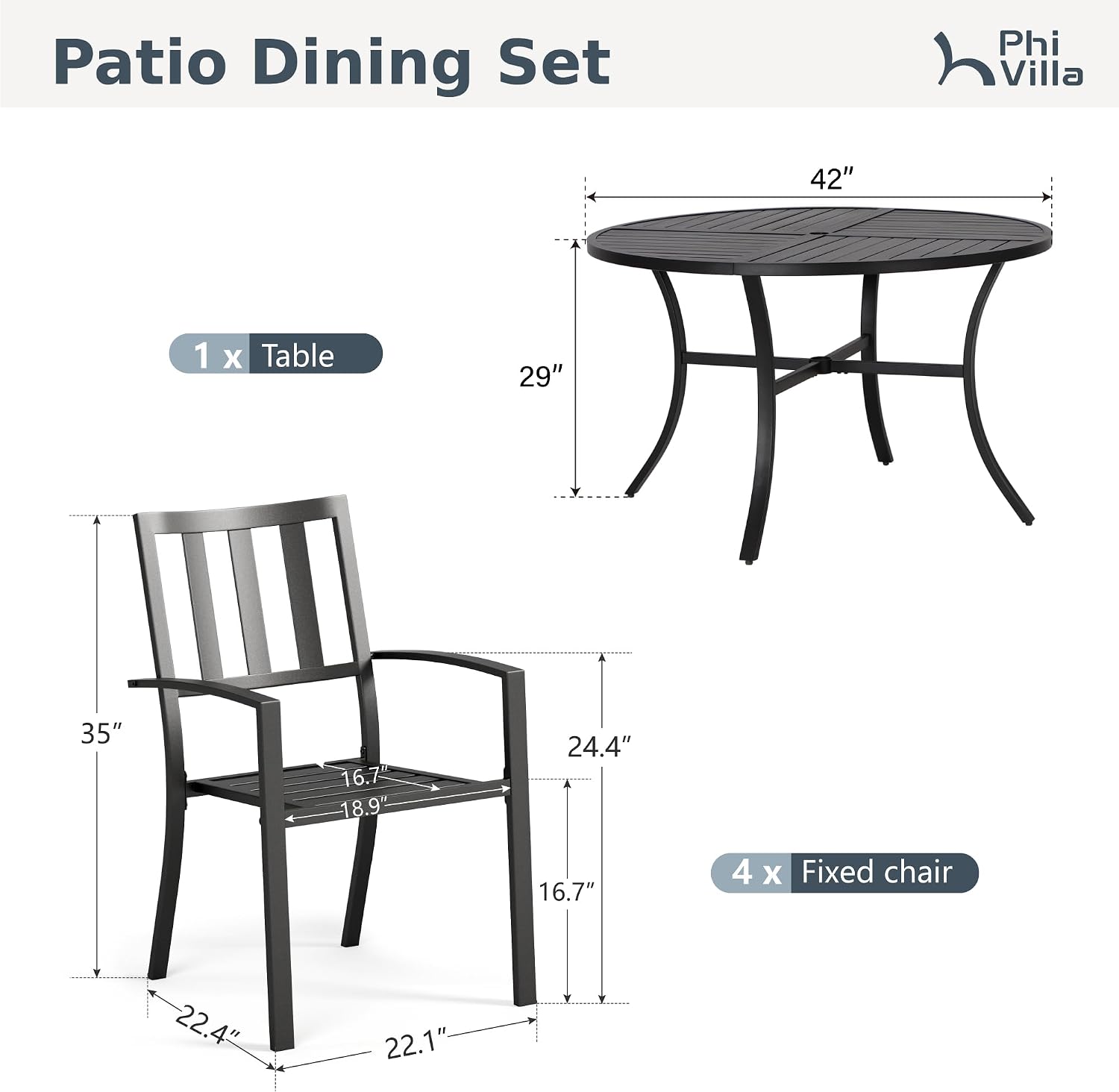 PHI VILLA 5 Piece Outdoor Dining Table Set for 4, 42' Round Steel Dining Table with Umbrella Hole & 4 Black Stacking Metal Chairs for Patio, Deck, Yard, Porch
