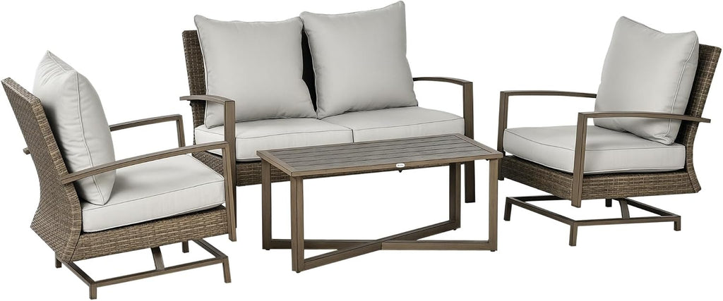 Outsunny 4 Piece Wicker Patio Furniture Set with 2 Rocking Chairs, Loveseat Sofa, Outdoor PE Rattan Conversation Set with Cushions, Aluminum Table for Porch, Poolside, Light Gray