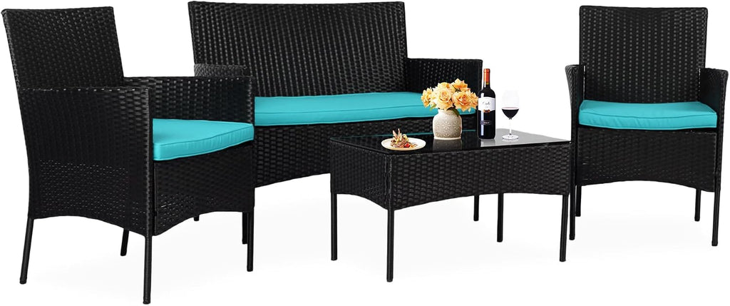 4 Pieces Patio Furniture Set,Rattan Chair Wicker Sofa Garden Conversation Sets,Outdoor Patio Set for Garden Lawn Pool or Backyard,Armrest Chair Loveseat with Tempered Glass Table（Blue）
