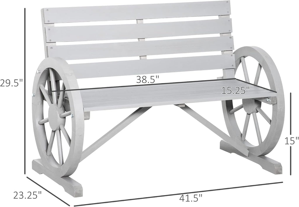 Outsunny 41' Wooden Wagon Wheel Bench, Rustic Outdoor Patio Weather Resistance Furniture, 2-Person Slatted Seat Bench with Backrest, Light Gray