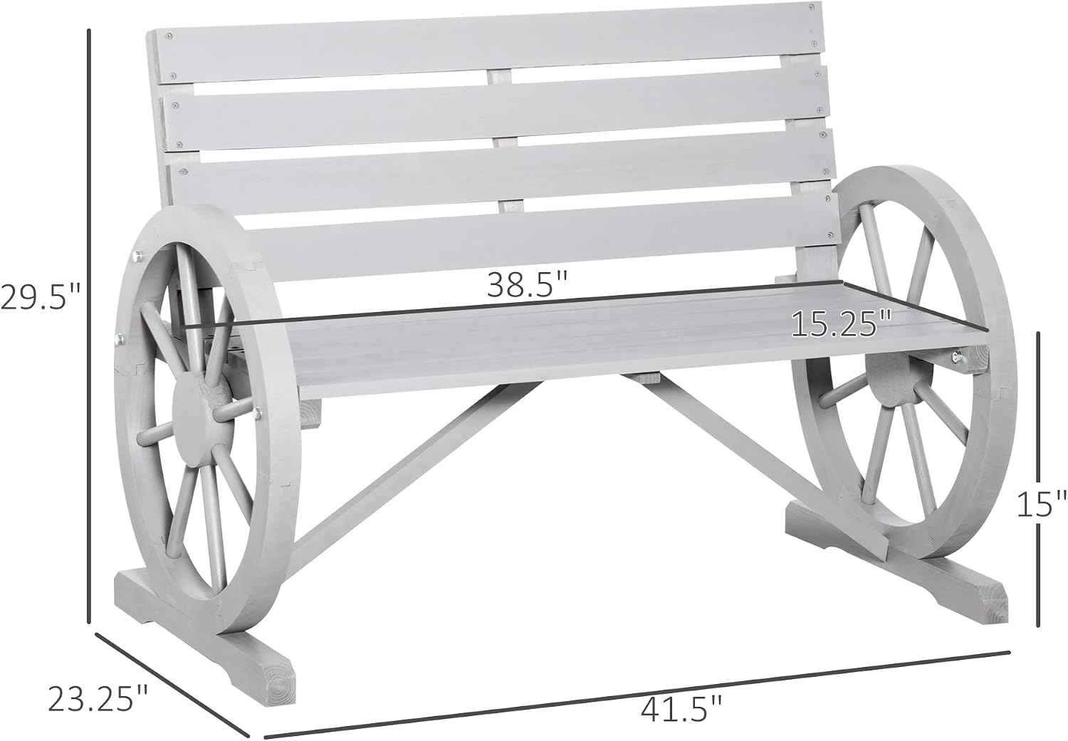 Outsunny 41' Wooden Wagon Wheel Bench, Rustic Outdoor Patio Weather Resistance Furniture, 2-Person Slatted Seat Bench with Backrest, Light Gray