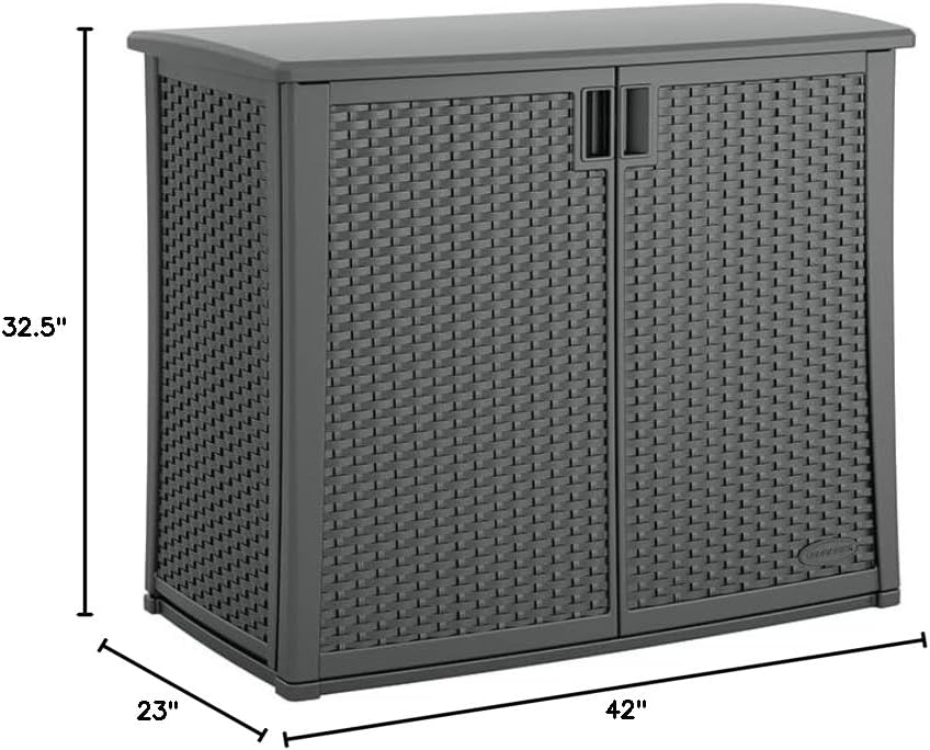 Suncast Resin Outdoor Storage Cabinet, Cool Gray Wicker Resin Outdoor Cabinet, Weatherproof, Lockable Outside Storage for Patio, Deck, Balcony, Porch, Backyard, or Garden, Made in The USA