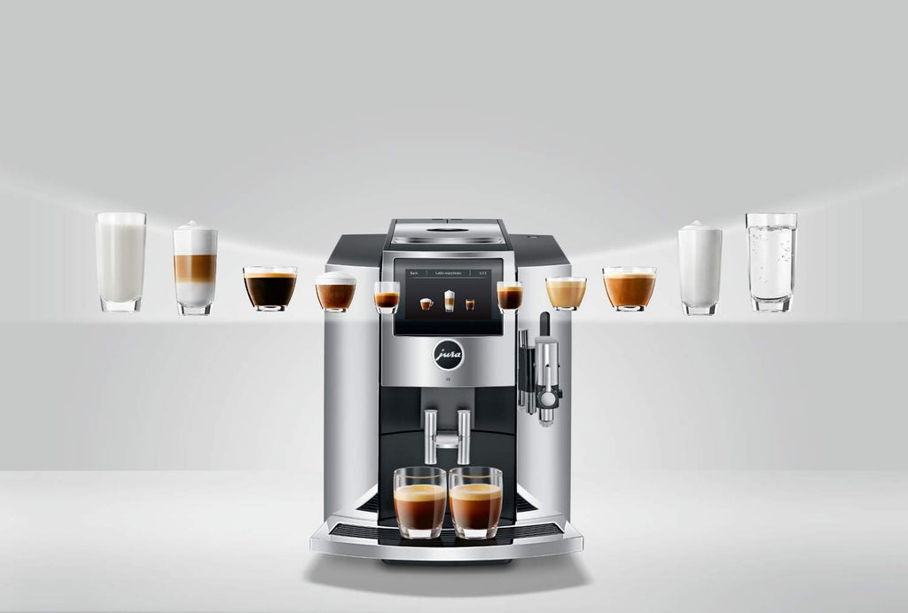 Jura S8 Automatic Coffee Machine, 64 ounces, Chrome & Glass Milk Container, Clear
