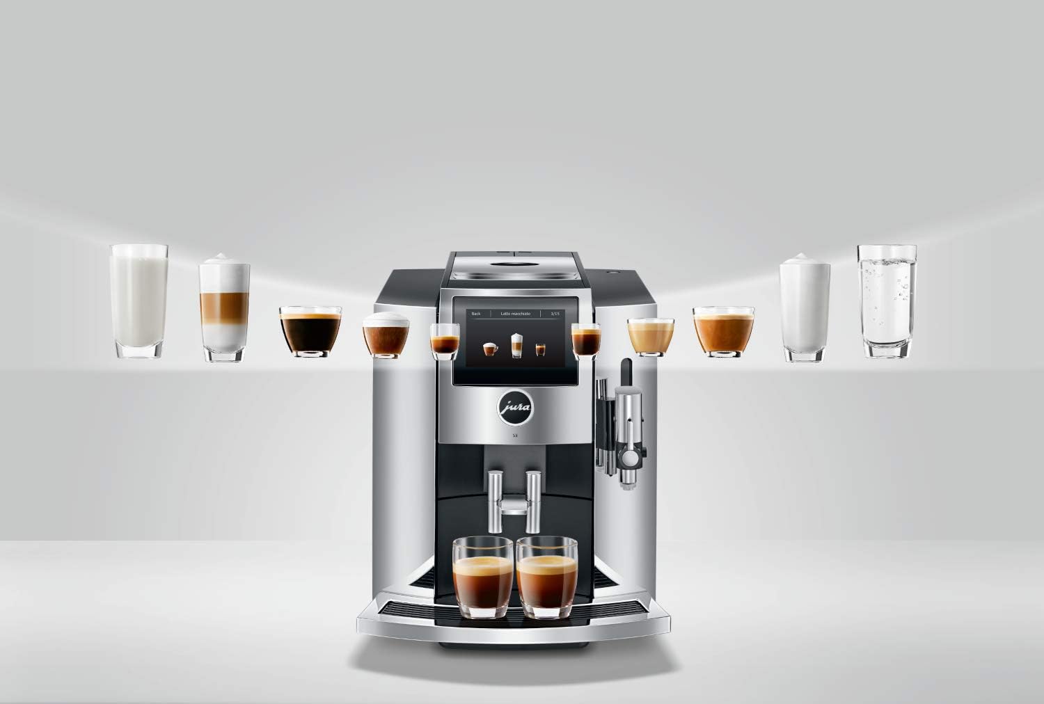 Jura S8 Automatic Coffee Machine, 64 ounces, Chrome & Glass Milk Container, Clear