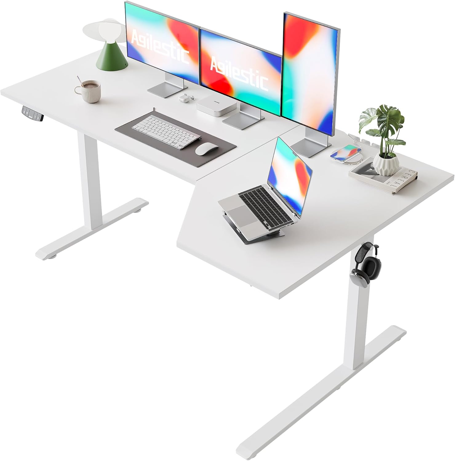 Agilestic Electric Standing Desk, Height Adjustable Desk, 63 x 35 Inch Sit Stand up for Work Office Home, L Shaped Ergonomic Rising Computer Table with Memory Preset, White