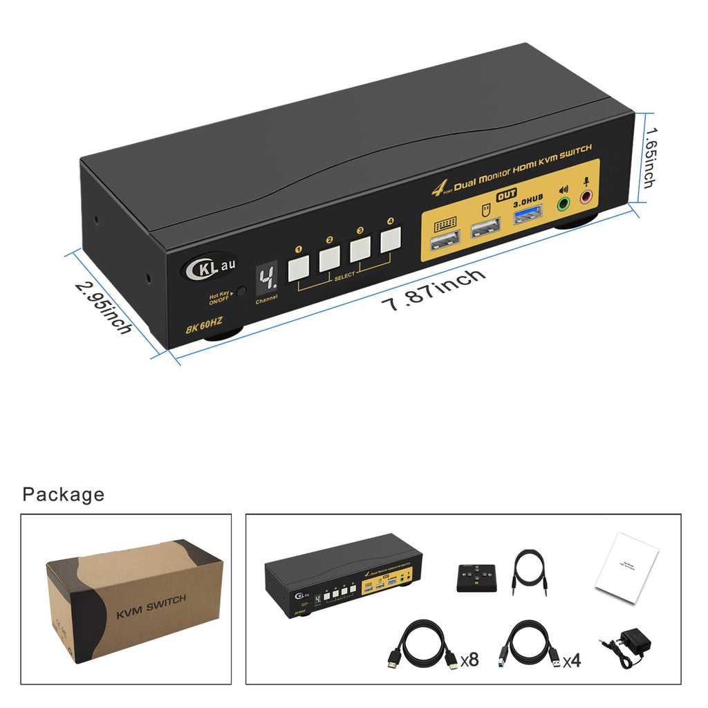 4x2 USB 3.0 HDMI KVM Dual Monitor Switch 4 Computers 2 Monitors with Cables,Audio, Mircophone, Digital Display Supports 8K@60Hz, 4K@144Hz, Emulation EDID, Hotkey Switching, CKLau-942Hua-5