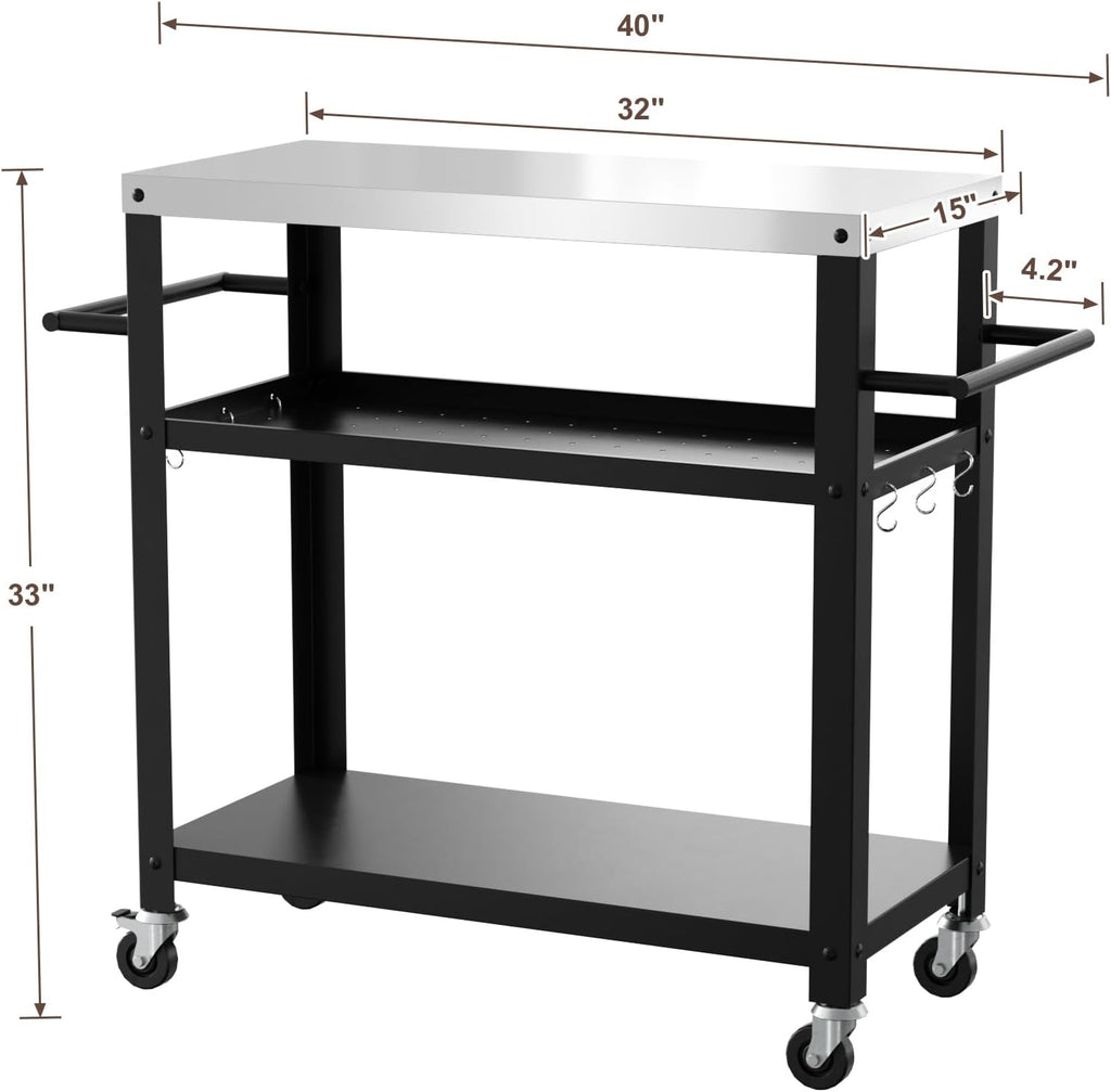 Nessxa Outdoor Grill Cart with Three-Shelf, Stainless Steel Pizza Oven Table for Outside, Dining Kitchen Cart with Two Side Handle, Garden Patio BBQ Kitchen Food Prep Table Cart (Black)