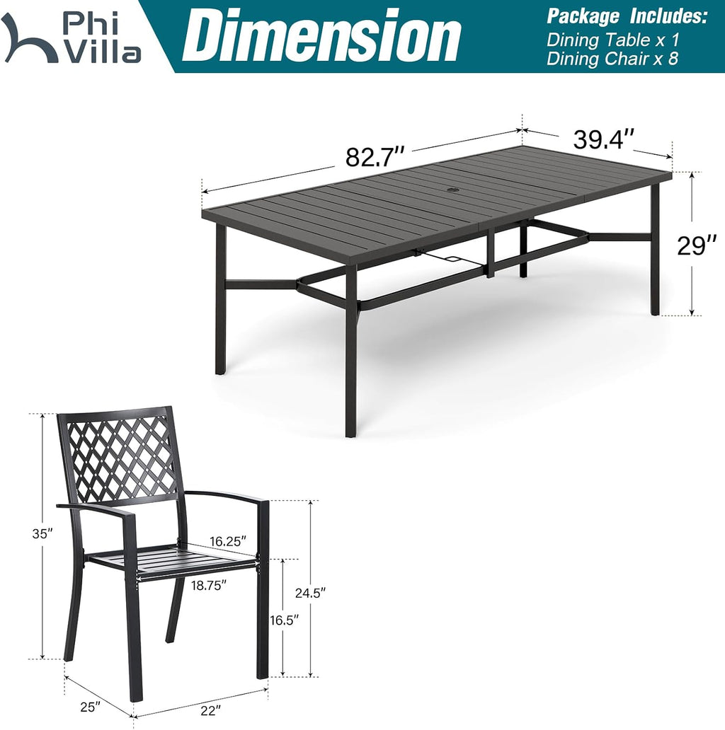 PHI VILLA 9 Pieces Outdoor Dining Set for 8, 83' Rectangular Metal Table with Umbrella Hole & Stackable Black Wrought Iron Chairs, Large Outside Furniture for Patio, Deck, Yard, Porch