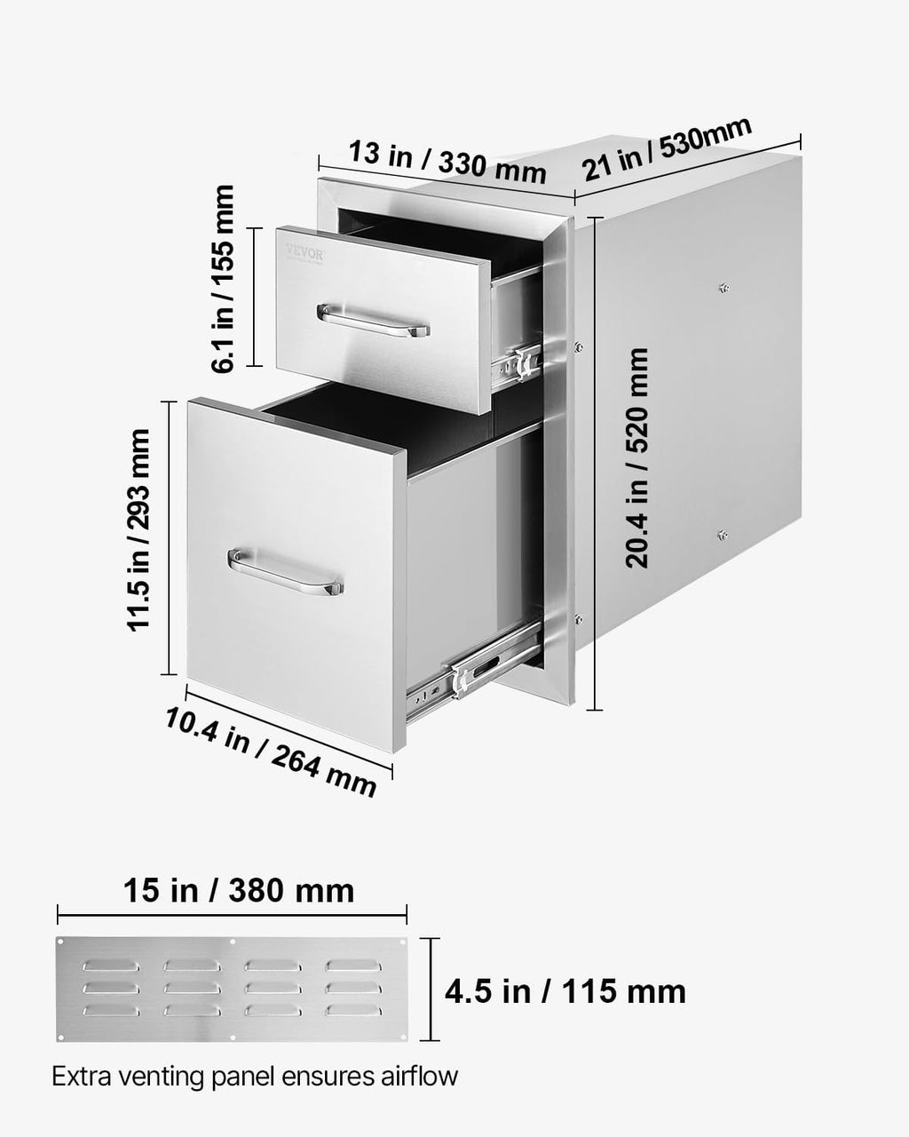 VEVOR Outdoor Kitchen Drawers 13' W x 20.5' H x 21' D, Flush Mount Double BBQ Access Drawers with Stainless Steel Handle, BBQ Island for Outdoor Kitchens or Patio Grill Station