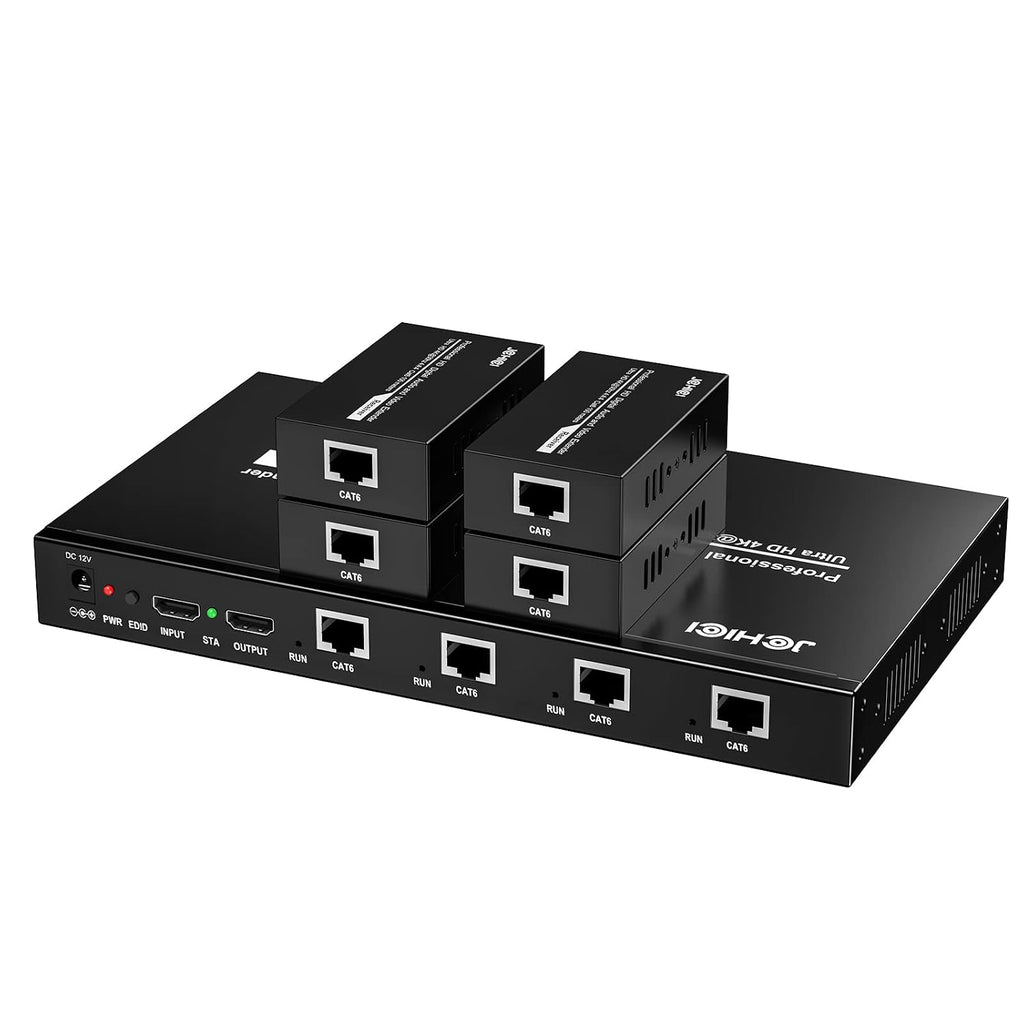 HDMI Extender Splitter 1 x 4, JCHICI 4K@30Hz 100M(328fts) HDMI Splitter with Loopout and EDID Copy Function, Lossless Transmission and Zero Latency, Support 3D