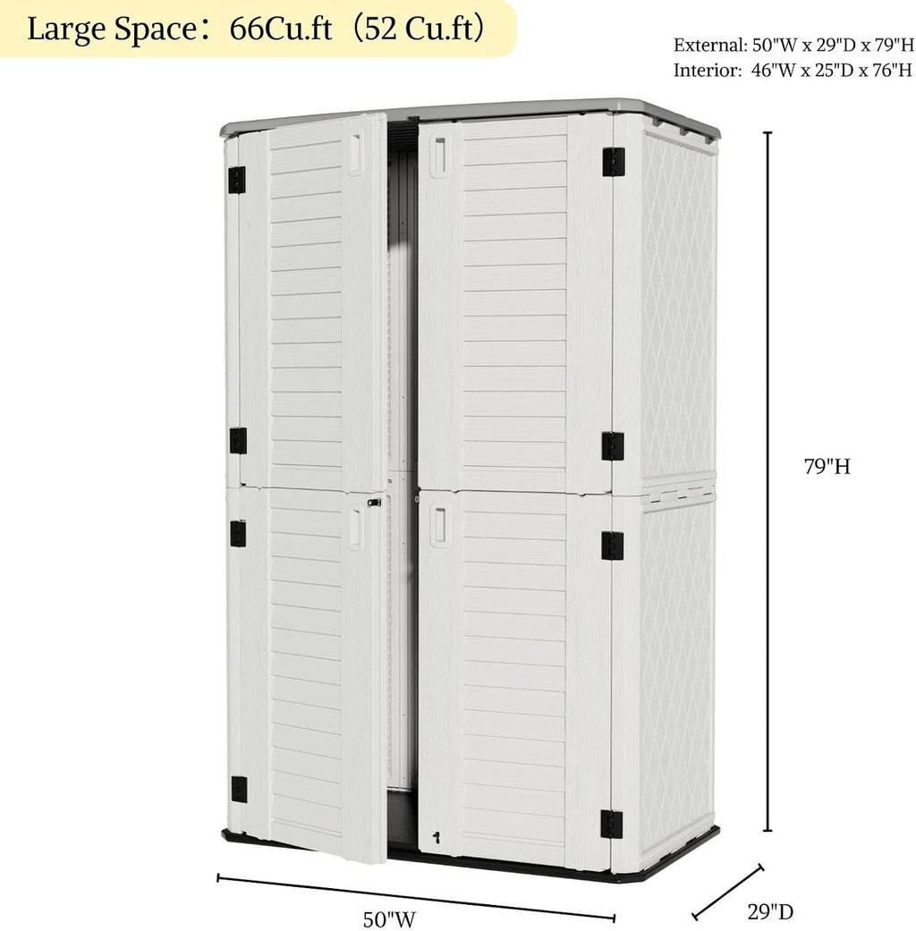 ZZM Large 67 Cu.ft Waterproof Storage Shed, Outdoor Storage Cabinet，Durable Resin Sheds for Patio Furniture, Garden Tools, Pool Accessories, Mower Storage (White)