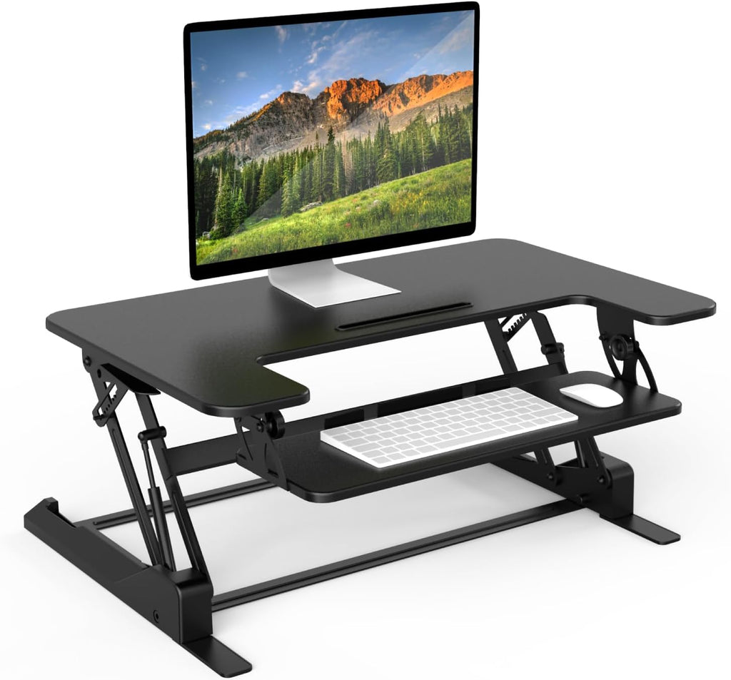 Mount-It! Standing Desk Converter - Height Adjustable Stand Up Riser with Manual Lift, 36.5' x 22' Desktop, Stand up Convertor in Black, Fits Dual Monitors, Laptop and Keyboard Mouse Tray