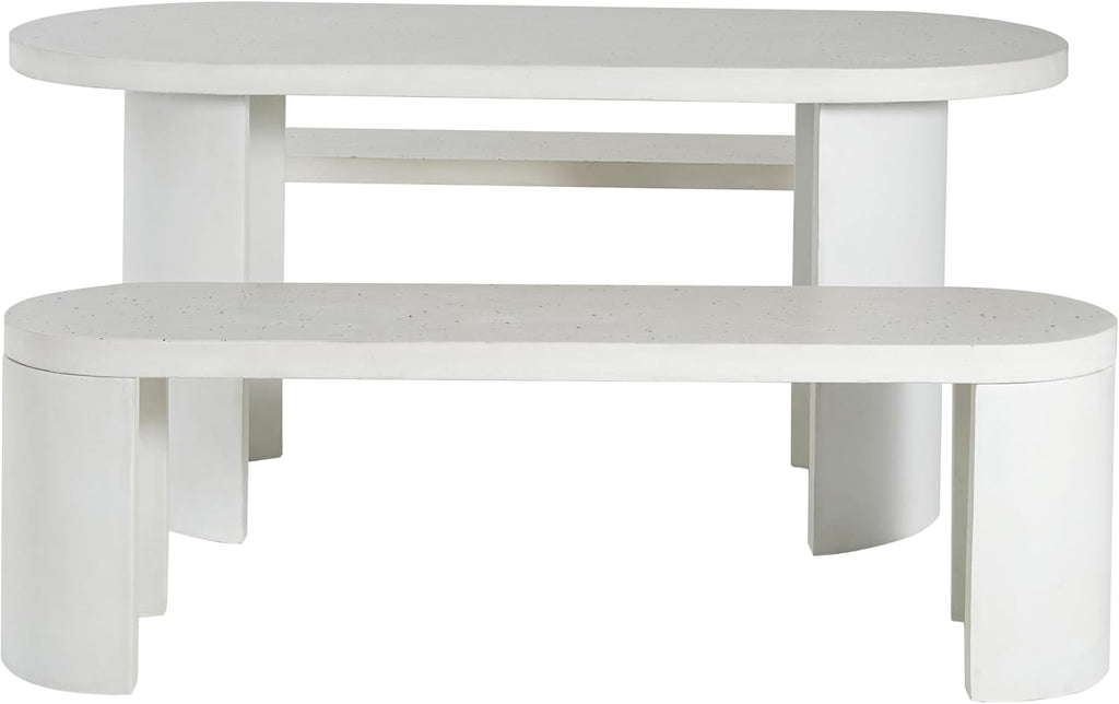 Christopher Knight Home Vicla 3 Pieces Durable Concrete Outdoor Dining Set with Stylish Terrazzo Finish, Patio Dining Table with 2 Benches, Oval Outdoor Patio Furniture Set with Pedestal Base, White
