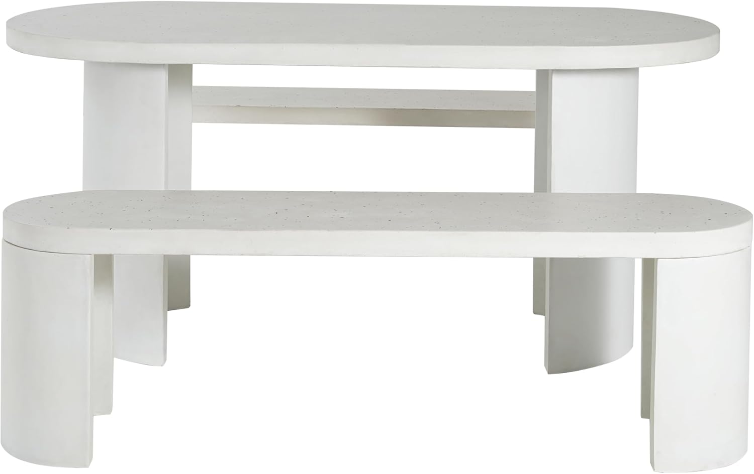 Christopher Knight Home Vicla 3 Pieces Durable Concrete Outdoor Dining Set with Stylish Terrazzo Finish, Patio Dining Table with 2 Benches, Oval Outdoor Patio Furniture Set with Pedestal Base, White