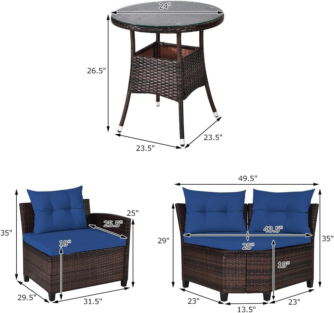 HAPPYGRILL 4 Pieces Rattan Patio Conversation Set, Outdoor Wicker Furniture Set with Cushioned Sofas and Coffee Table, L-Shape Sectional Curved Sofa Set for Garden Poolside Balcony
