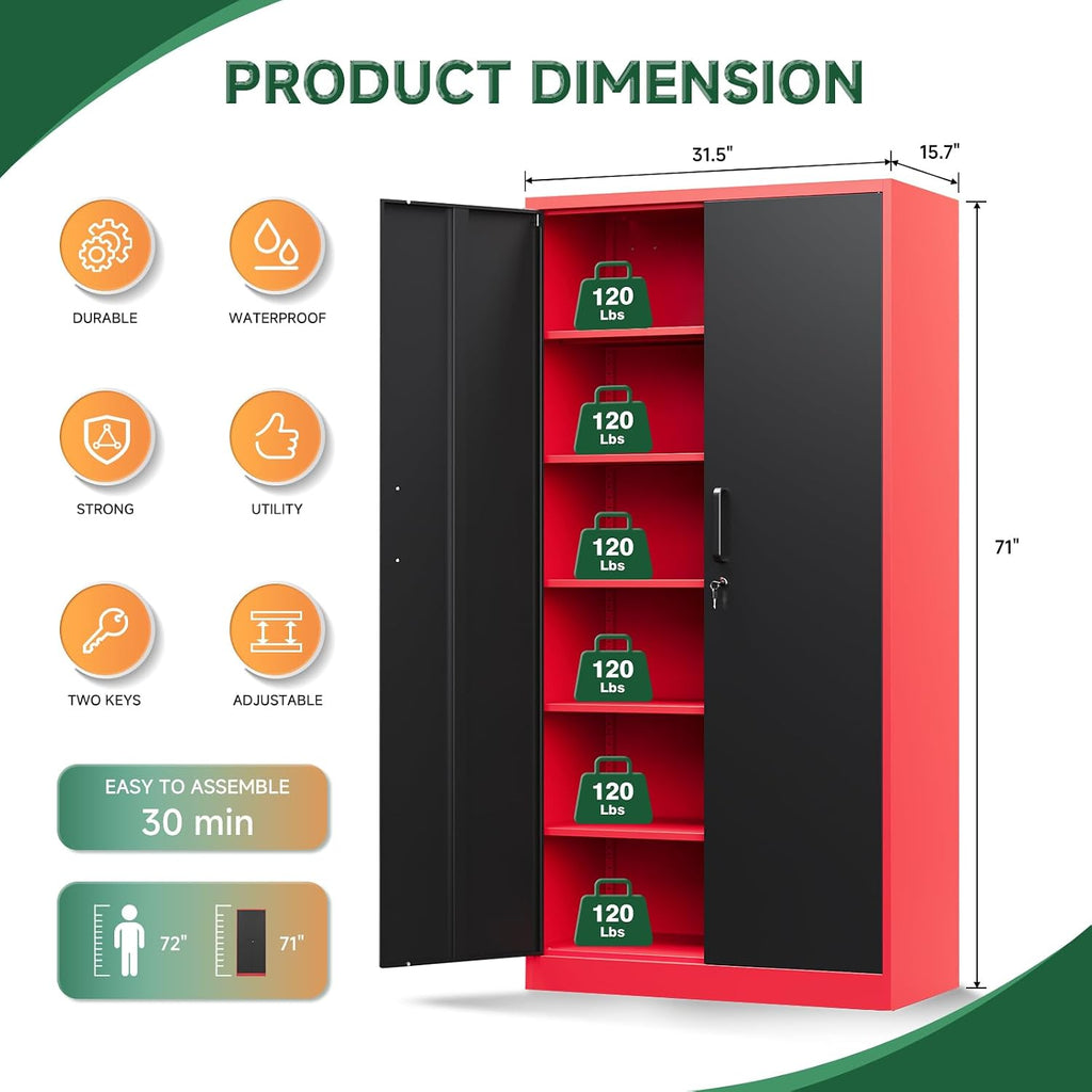 Letaya Metal Garage Storage Cabinets with Lock, 71' Tall Locker Organizer Steel Tool Cabinets,5 Adjustable Shelves 2 Doors for Home Office, Warehouse,Garage,Industrial,Employee (Black Red)