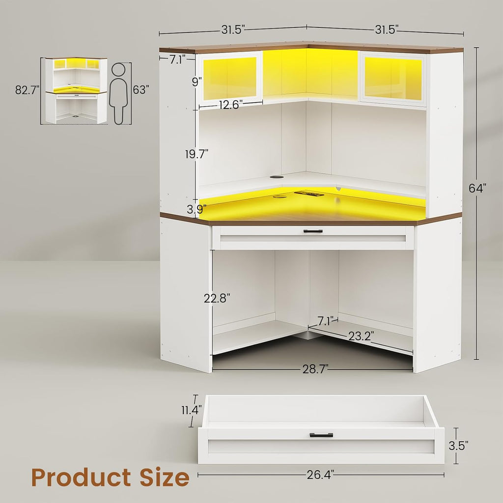 SEDETA 31.5' Corner Desk with Drawers, Small Office Computer Desk with Storage Shelves & Hutch for Small Space, Gaming Desk with LED Lights & Power Strip for Home Office, White + Brown