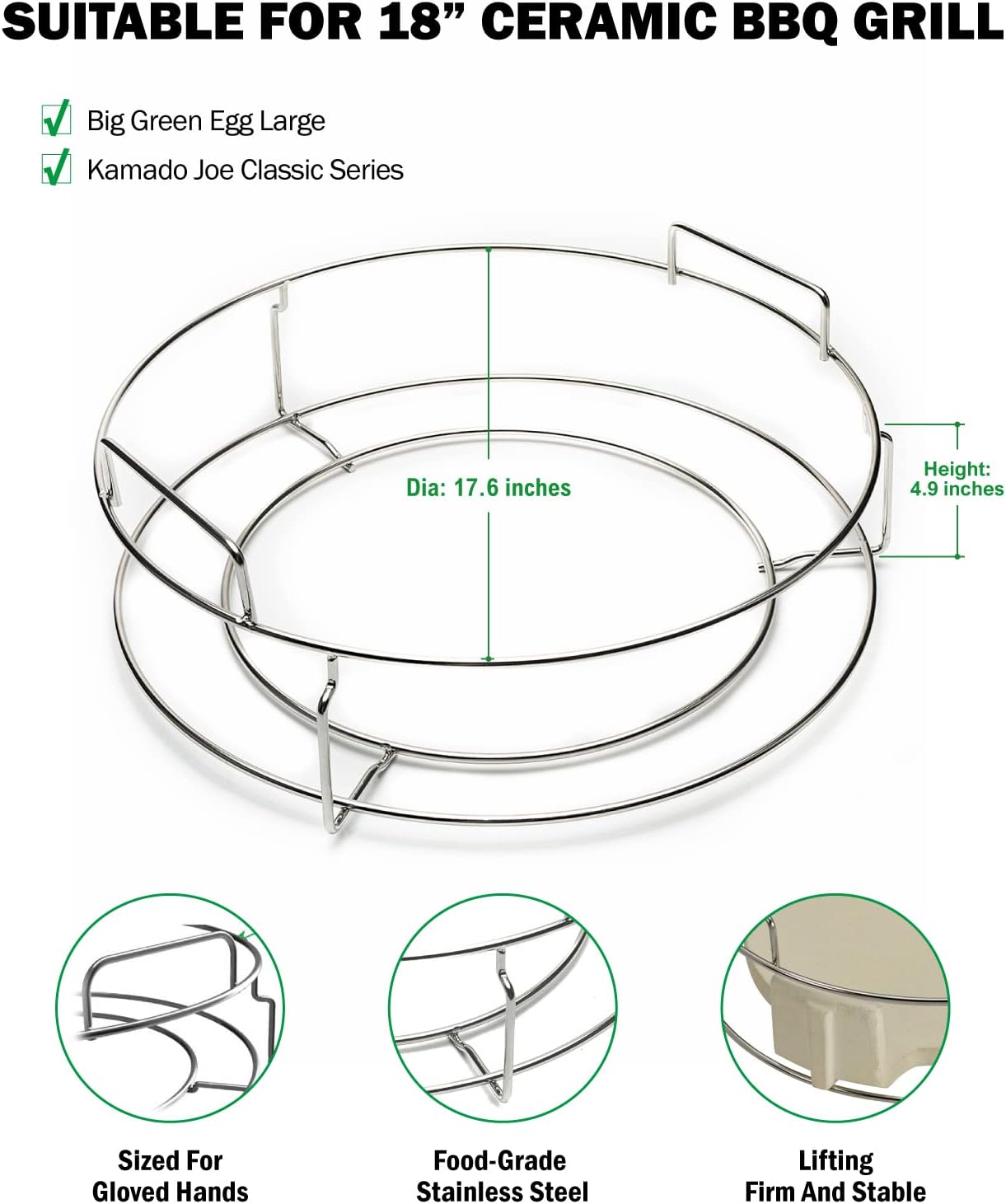 Replacement 1-Piece ConvEGGtorBasket Rack for Big Green Egg Large, BGE EGGpsnder Accessories - Easy Placement or Removal of Grill Heat Deflector or Cast Iron Plate Setter, Stainless Stack Rack Parts