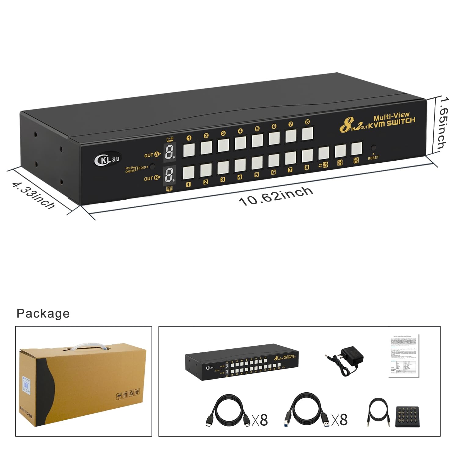 8x2 Multi-View HDMI Split KVM Switch - Dual Monitor, Supports Single to Eight-Screen Modes, Split & PIP Function, Sync, Through-Screen, EDID, 4K30Hz, Hotkey Switching