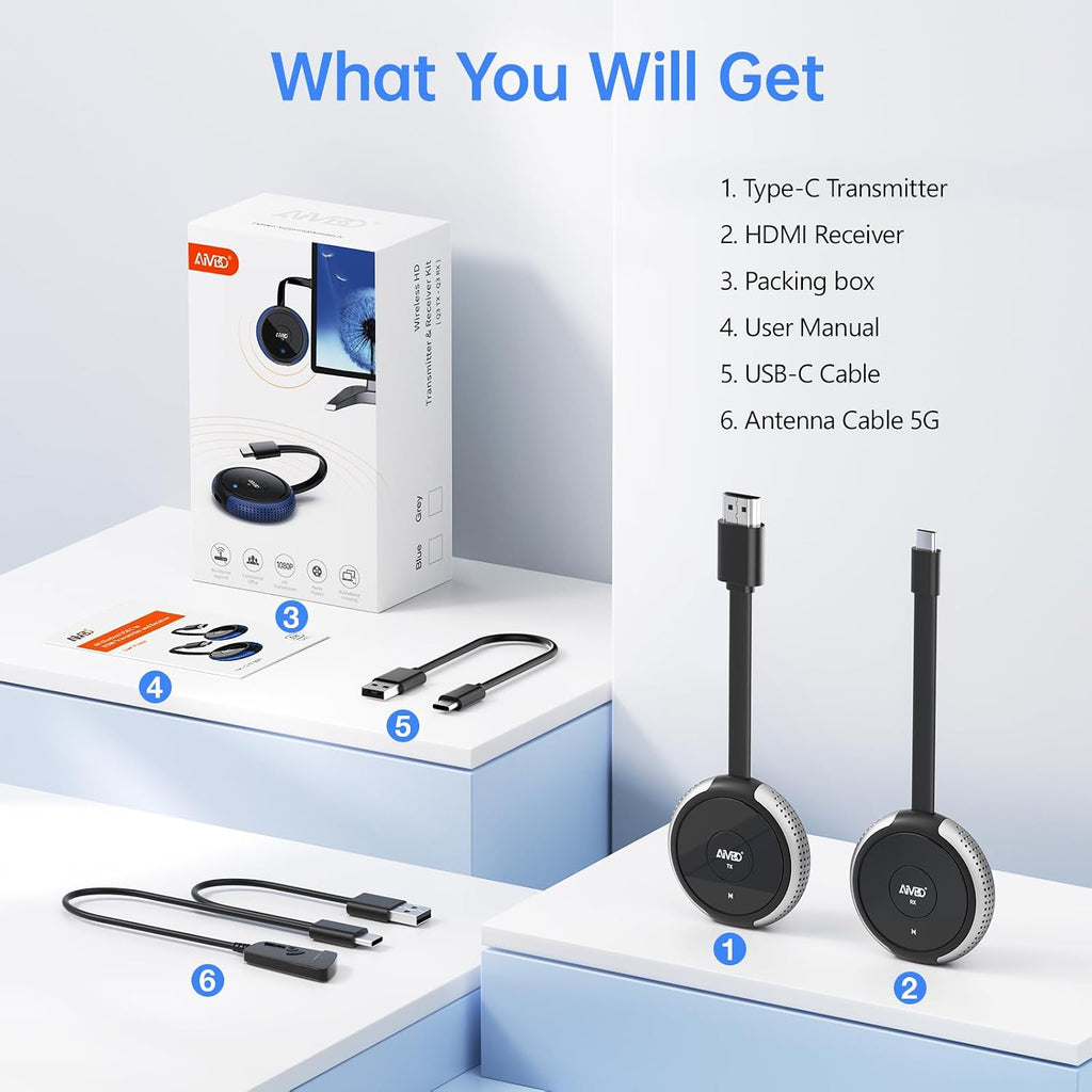AIMIBO USB C Wireless Transmitter and HDMI Receiver 4K, 2.4/5G HDMI Wireless Extender 165FT/50M, Casting Video/Audio for Laptop, MacBook, Surface, i-Pad, i-Phone 15/16 to Monitor, HDTV, Silver