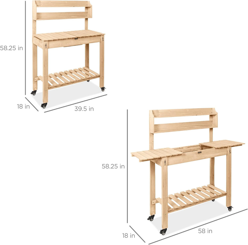 Best Choice Products Mobile Garden Potting Bench, Outdoor Wood Workstation Table w/Sliding Tabletop, 4 Locking Wheels, Food Grade Dry Sink, Storage Shelves- Natural