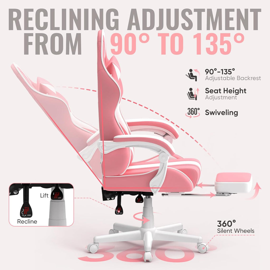 Ferghana Gaming Chairs, Ergonomic Racing Style PC Game Computer Chair with Headrest Lumbar Support Adjustable Recliner PU Leather Video Computer Chair(Pink)
