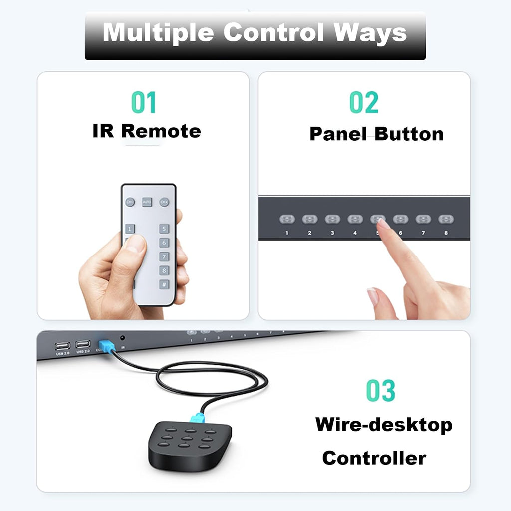 KVM Switch HDMI 8 Port, MT-VIKI 4K@30Hz USB HDMI KVM Switch 8 in 1 Out w/KVM Cables, 4 USB 2.0 Hubs Desktop Selector IR Remote & Rack Ears