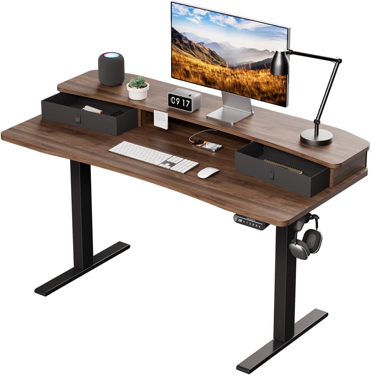 HUANUO 55' x 26' Electric Standing Desk with 2 Drawers, C-Clamp Mount Compatible, Height Adjustable Computer Desk, Home Office Stand Up Desk with 4 Preset Heights & 2 Hooks, Walnut