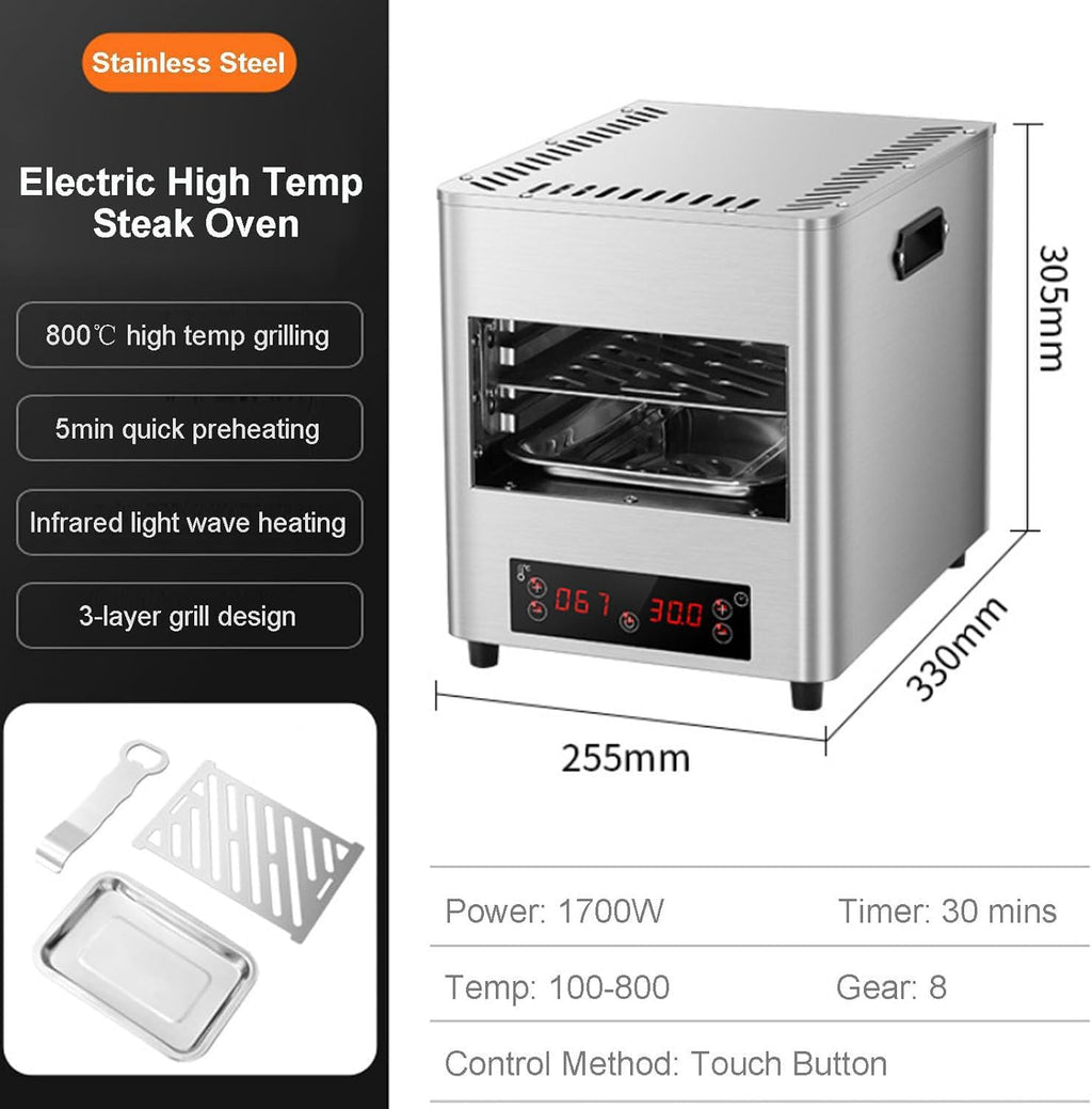 Electric Steak Grill for Indoor Use, 1700W Automatic Steak Smokeless Grill with Touch Panel - 100-800℃ Adjustable Temperature & 30Mins Timer, Countertop Oven for Beef Chicken Vegetables,A