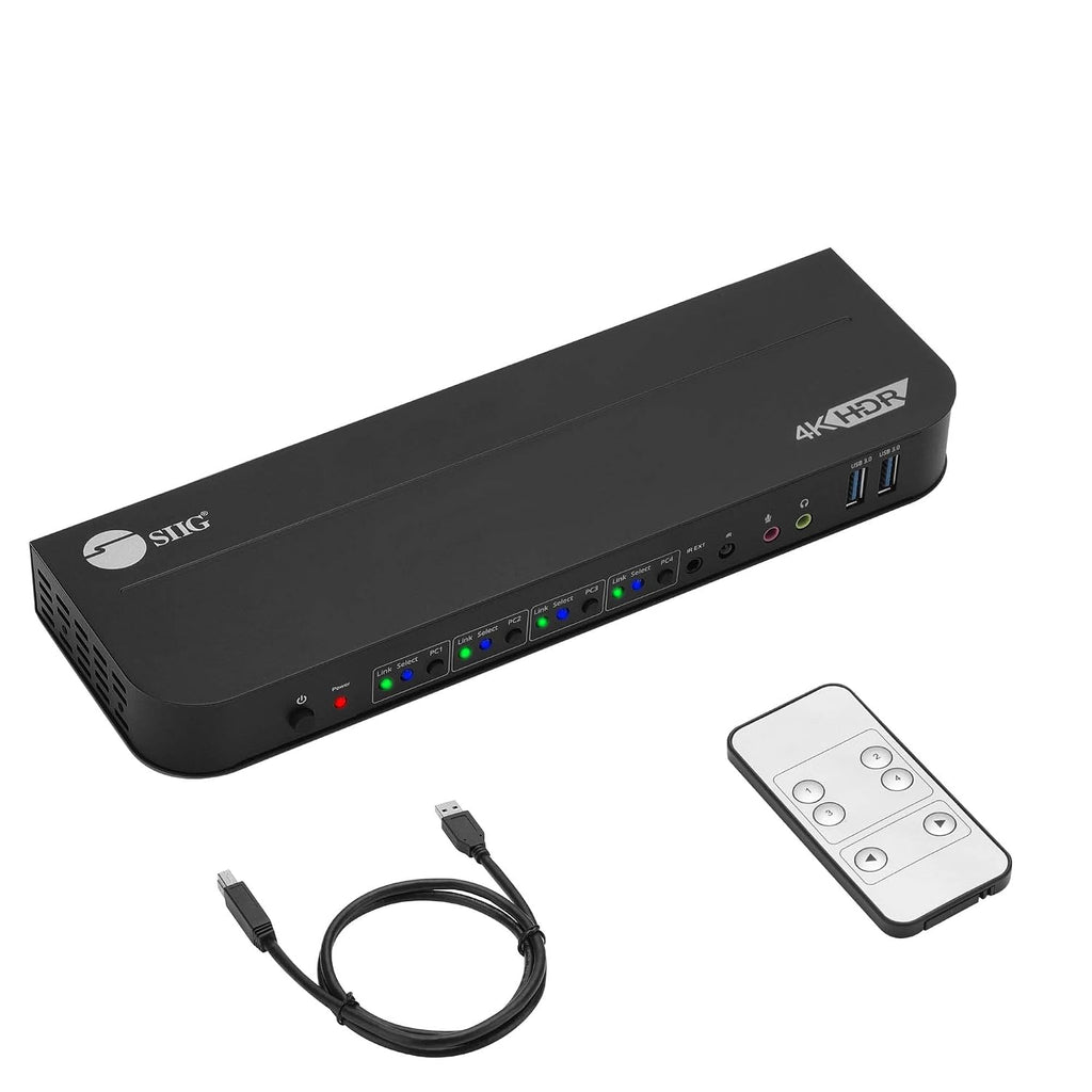 SIIG 4-Port 4K KVM Switch DisplayPort with Remote Control, DP or HDMI Output, 2X USB 3.2 Type-A Ports, Support DisplayPort 1.4/1.2, EDID Bypass, Compatible with Windows and Mac (CE-KV0D11-S1)