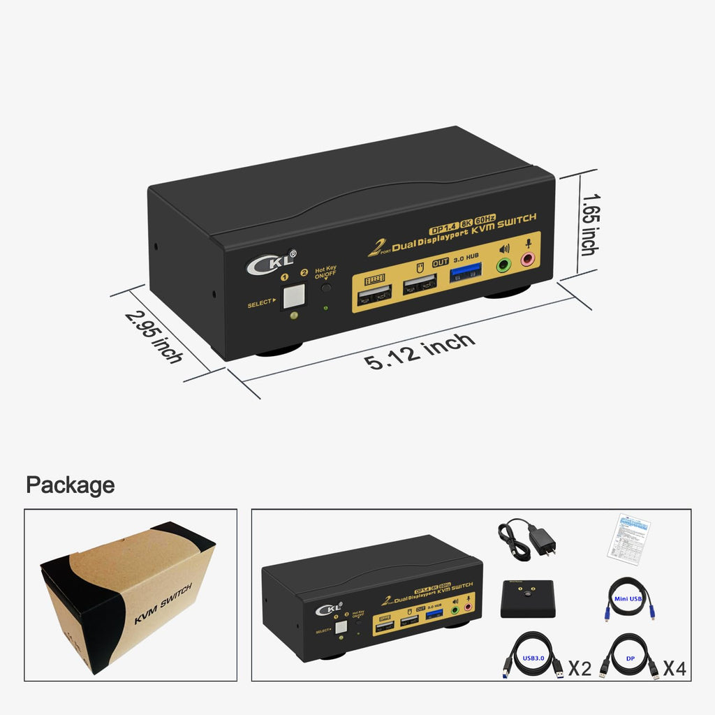 CKL KVM Switch DisplayPort 1.4 8K@30Hz 5K@60Hz 4K@144Hz(2 Computers 2 Monitors)