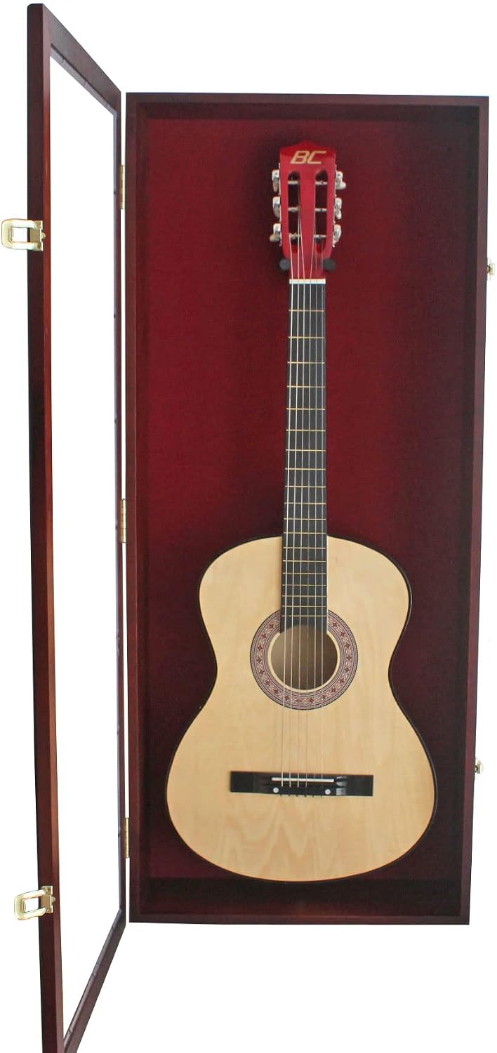 DisplayGifts 42' Electric Guitar Display Case Cabinet Shadow Box with Guitar Hanger Stand, Lockable UV Protection Red Felt Interior with Mahogany Finish Frame