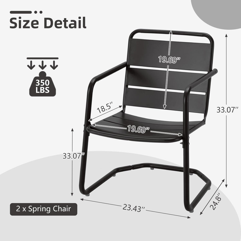MELLCOM Patio Chairs Set of 2, Small Patio Furniture Set - 2 C-Spring Metal Chairs, Outdoor Bistro Set for Balcony, Front Porch, Poolside, Garden, Deck, Indoor, Black