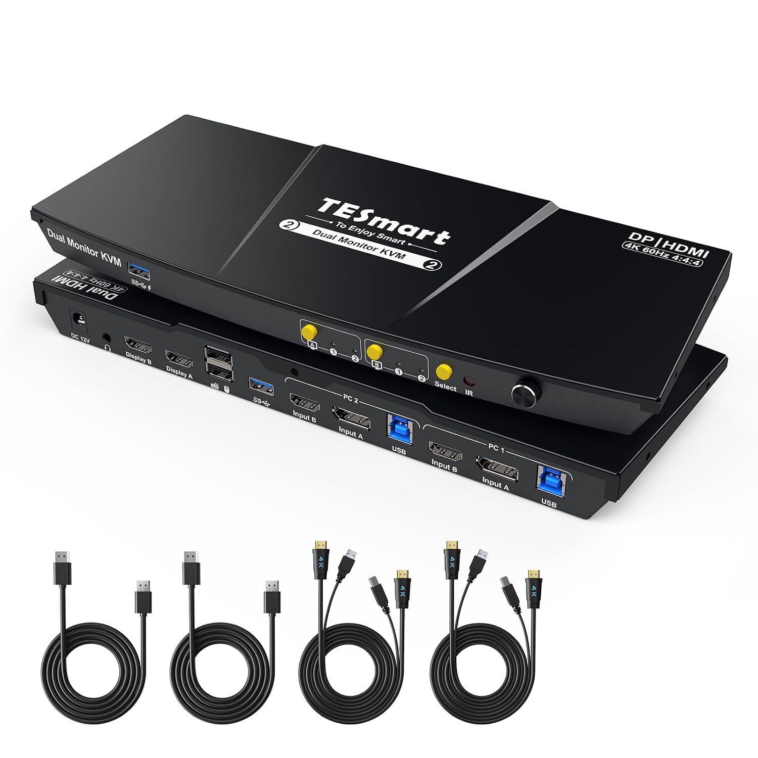 TESmart USB 3.0 DisplayPort + HDMI KVM Switch 2 Monitors 2 Computers 4K@60Hz, Dual Monitor KVM Switch 2 Port Extended Display, EDID Emulators, Headset, Hotkey Switch, Button Switch with All Cables