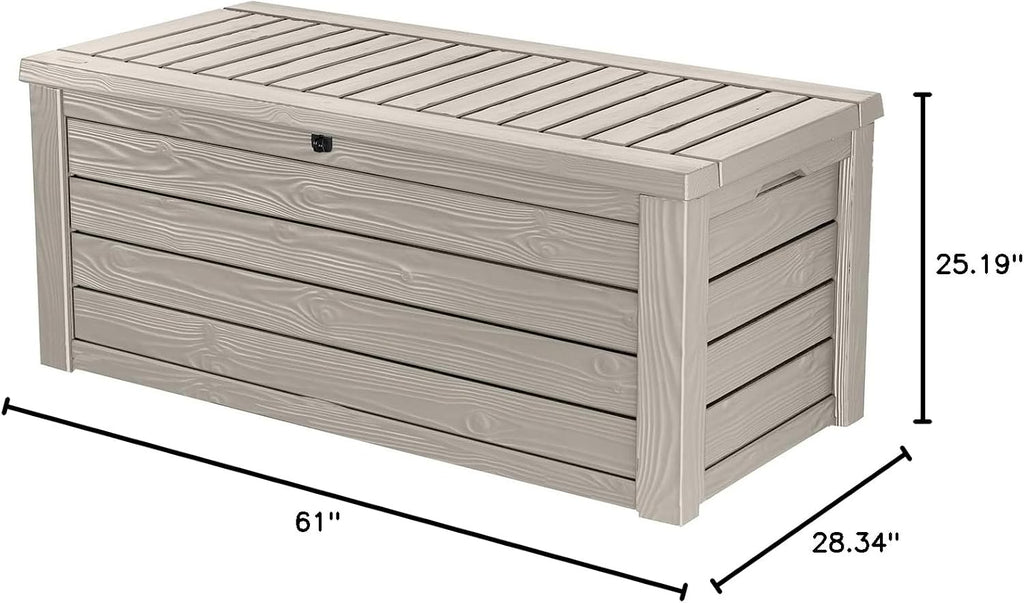 Keter Westwood 150 Gallon Resin Large Outdoor Storage Box for Patio Furniture, Outdoor Cushions, Garden Tools and Pool Floats, Beige
