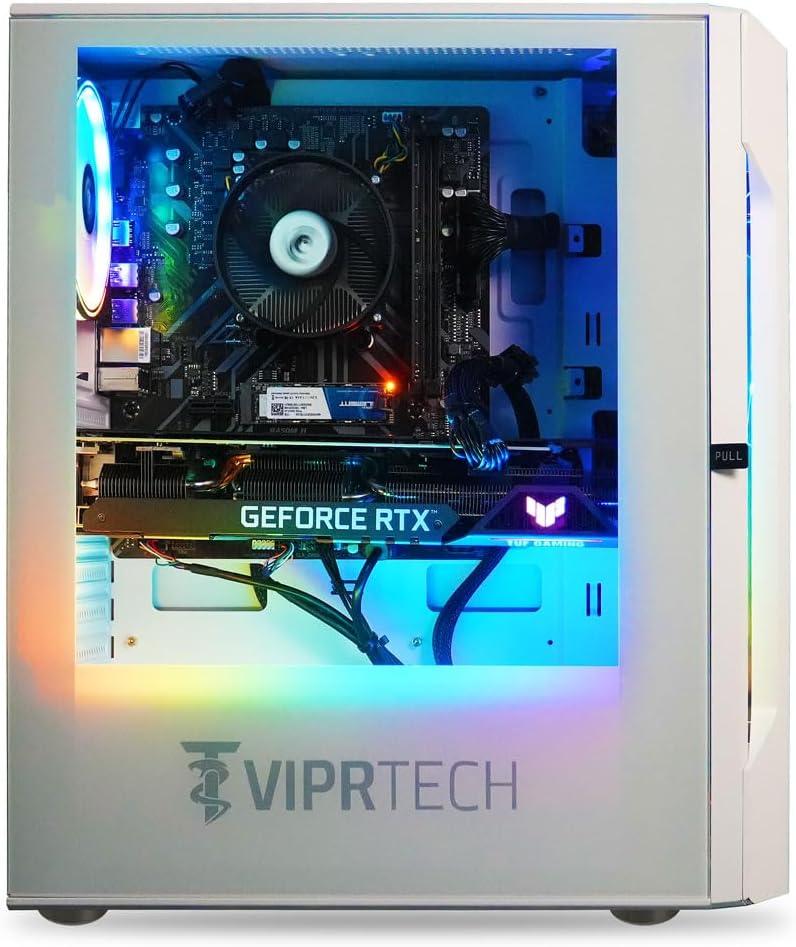 ViprTech Rebel 4.0 Gaming PC - AMD Ryzen 7 (4.1Ghz Turbo), RTX 4060 8GB, 16GB DDR4 RAM, 1TB SSD, VR-Ready, Streaming, WiFi BT, RGB, Win 11 Pro, Prebuilt Desktop Computer White